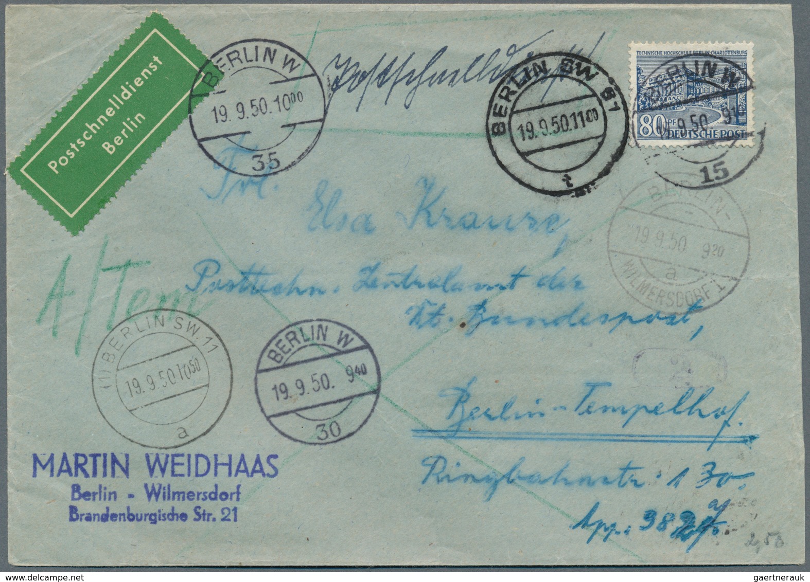 20628 Berlin - Postschnelldienst: 1950, Schnelldienstbrief 80 Pfennig Bauten I Als EF Ab Halensee 1 29.8.5 - Covers & Documents