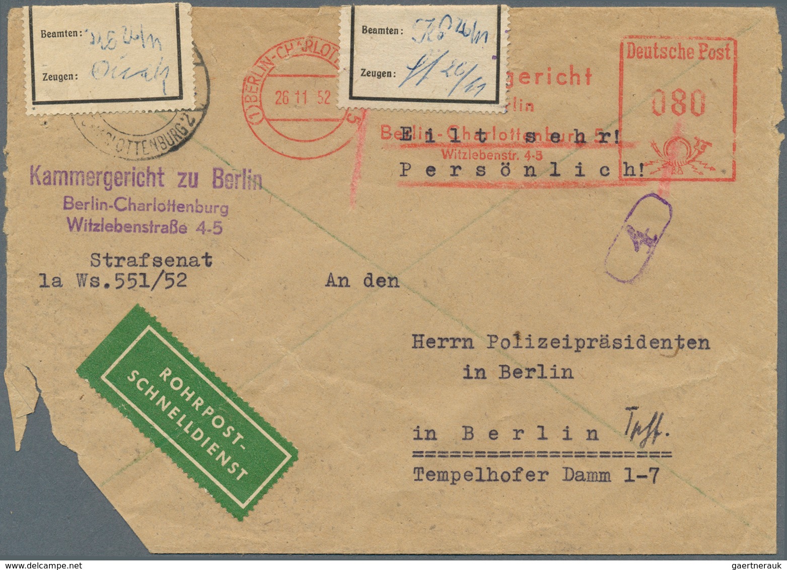 20632 Berlin - Postschnelldienst: 1952, Umschlag Kammergericht Berlin Als Schnelldienstsendung, 80 Pfennig - Covers & Documents