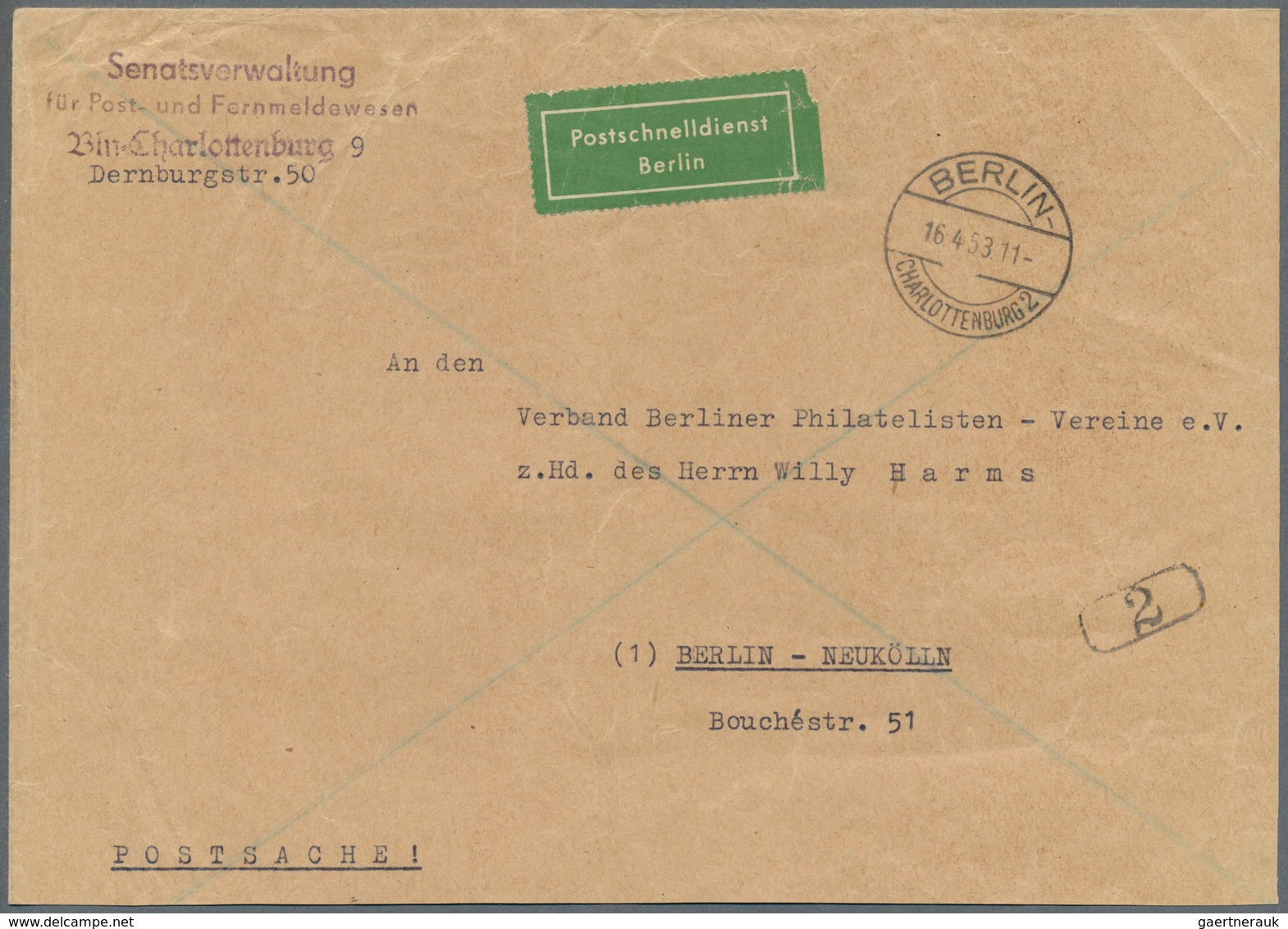 20633 Berlin - Postschnelldienst: 1953, Umschlag Ca. 20,5 X 14,5 Cm ( Etwas Verkleinert) Als Postsache Geb - Covers & Documents