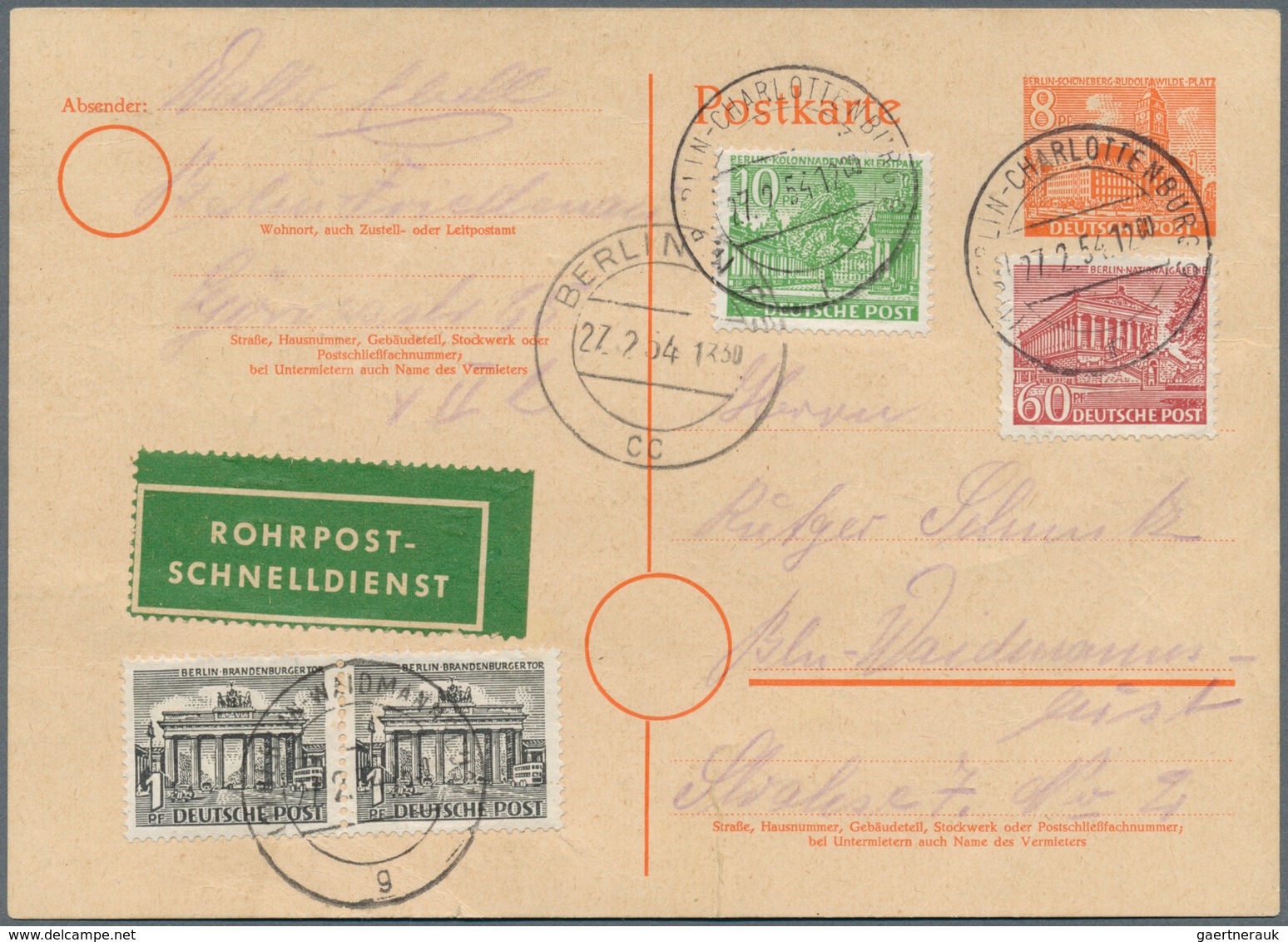 20635 Berlin - Postschnelldienst: 1954, Ganzsache 8 Pfennig P 12I Mit Zusatzfrankatur 2 X 1, 10 Und 60 Pfe - Covers & Documents