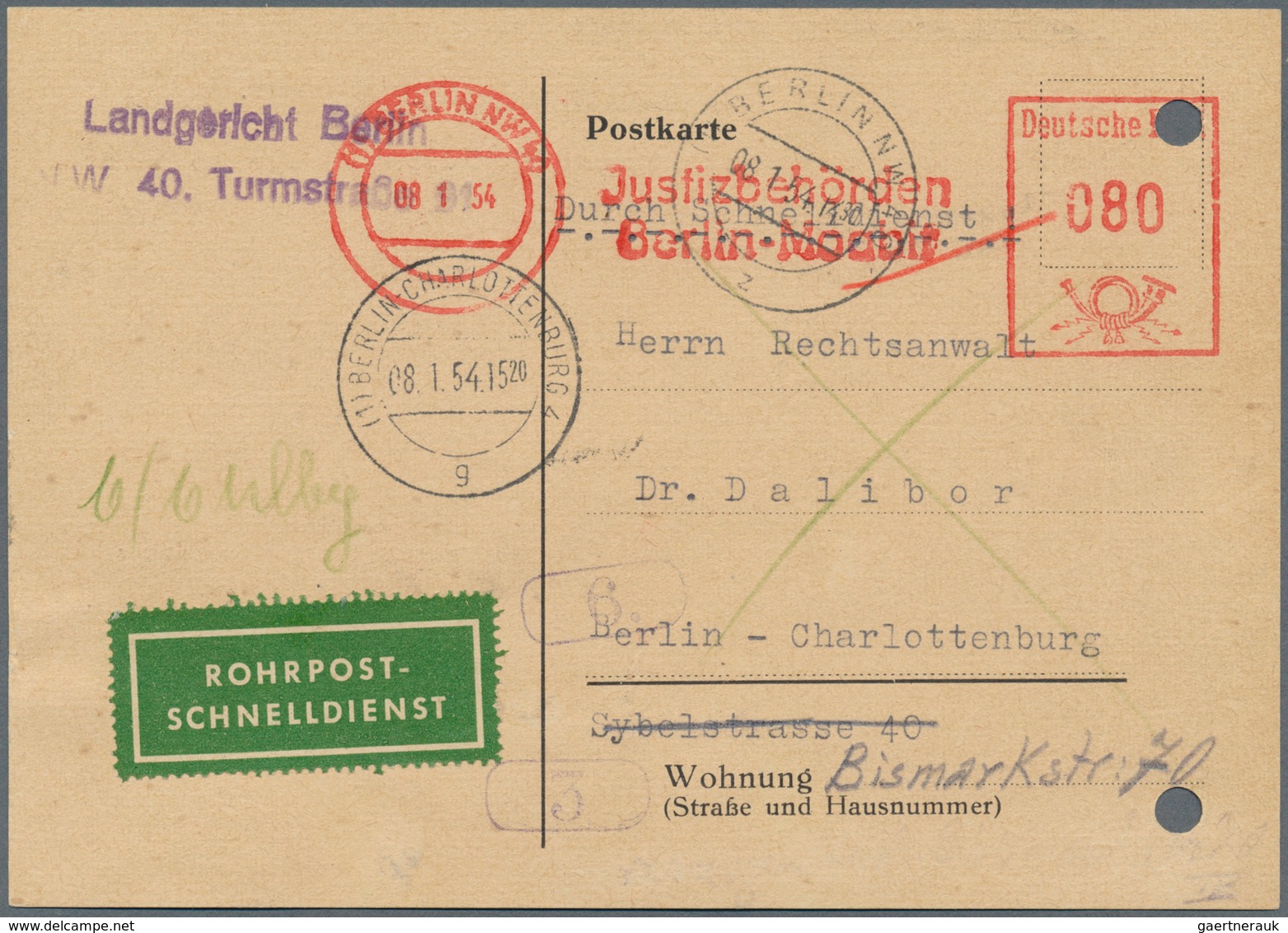 20636 Berlin - Postschnelldienst: 1954, Schnelldienstbrief Mit Empfangsschein DM 1,20 ( 80 + 40 ) Mit 3 X - Covers & Documents