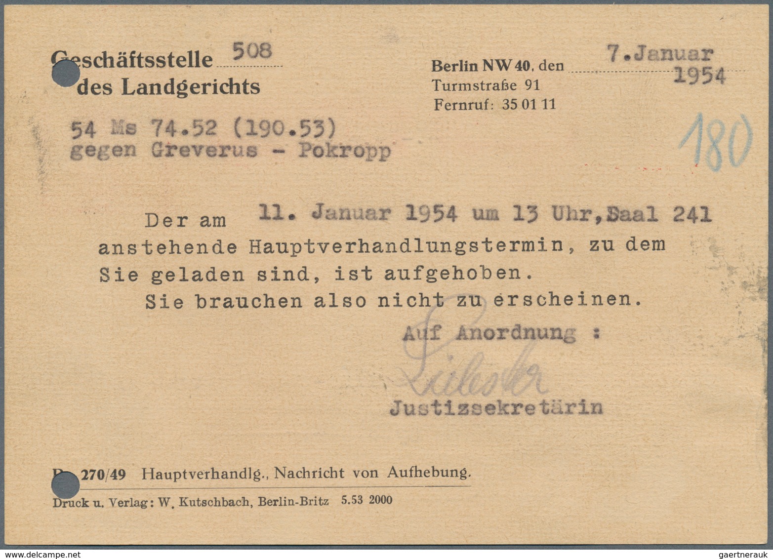 20636 Berlin - Postschnelldienst: 1954, Schnelldienstbrief Mit Empfangsschein DM 1,20 ( 80 + 40 ) Mit 3 X - Covers & Documents