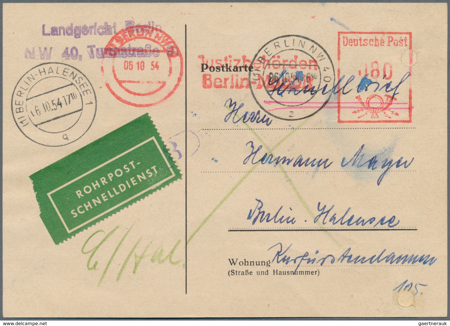 20637 Berlin - Postschnelldienst: 1954, Schnelldienstkarte Mit AFS =080= Justizbehörden Berlin Ab NW 40 6. - Covers & Documents