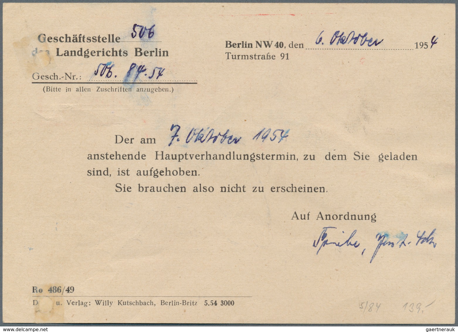 20637 Berlin - Postschnelldienst: 1954, Schnelldienstkarte Mit AFS =080= Justizbehörden Berlin Ab NW 40 6. - Covers & Documents