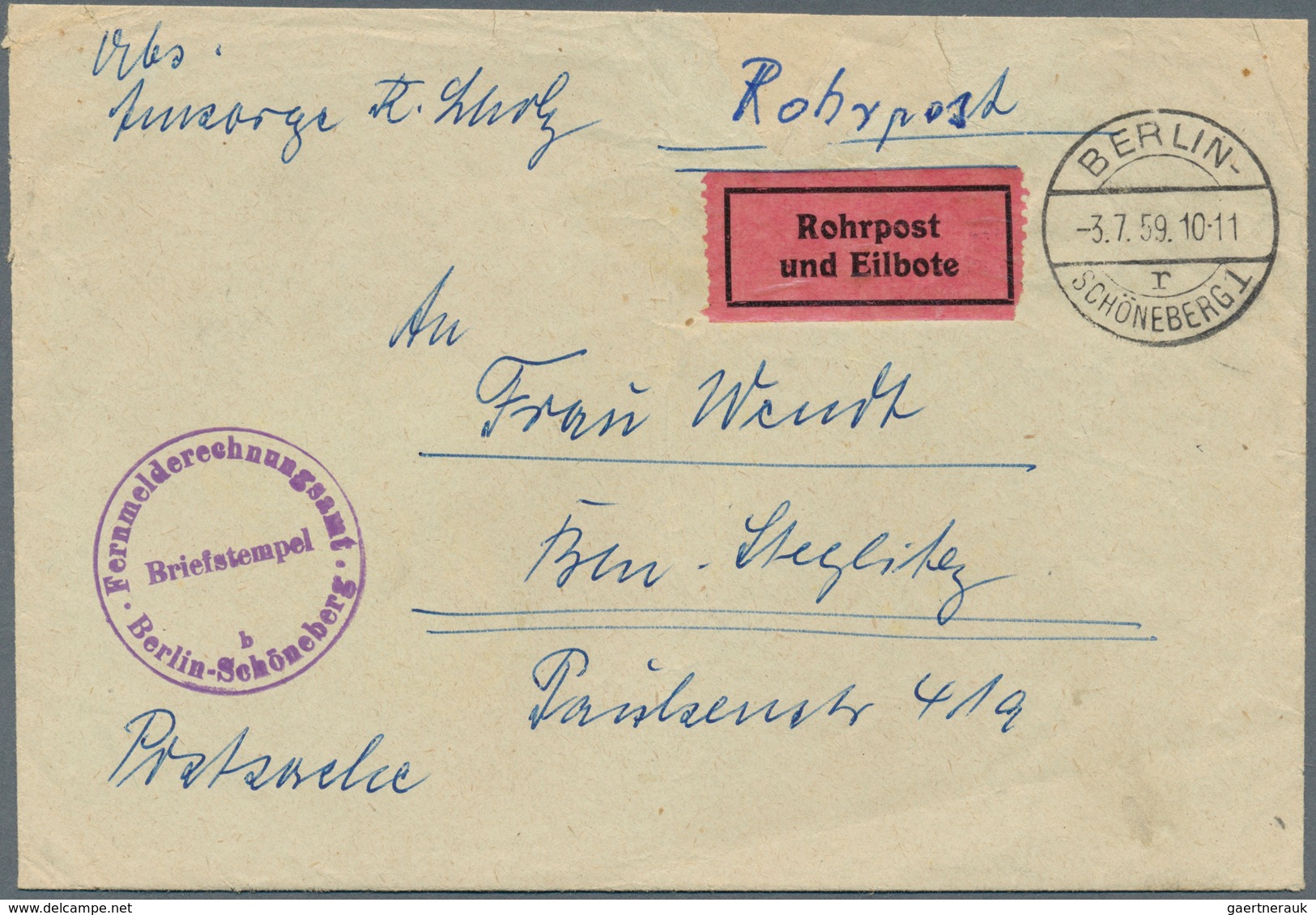 20641 Berlin - Postschnelldienst: 1959, Umschlag Postsache Gebührenfrei Als Rohrpost-Eilboten Schöneberg 1 - Covers & Documents