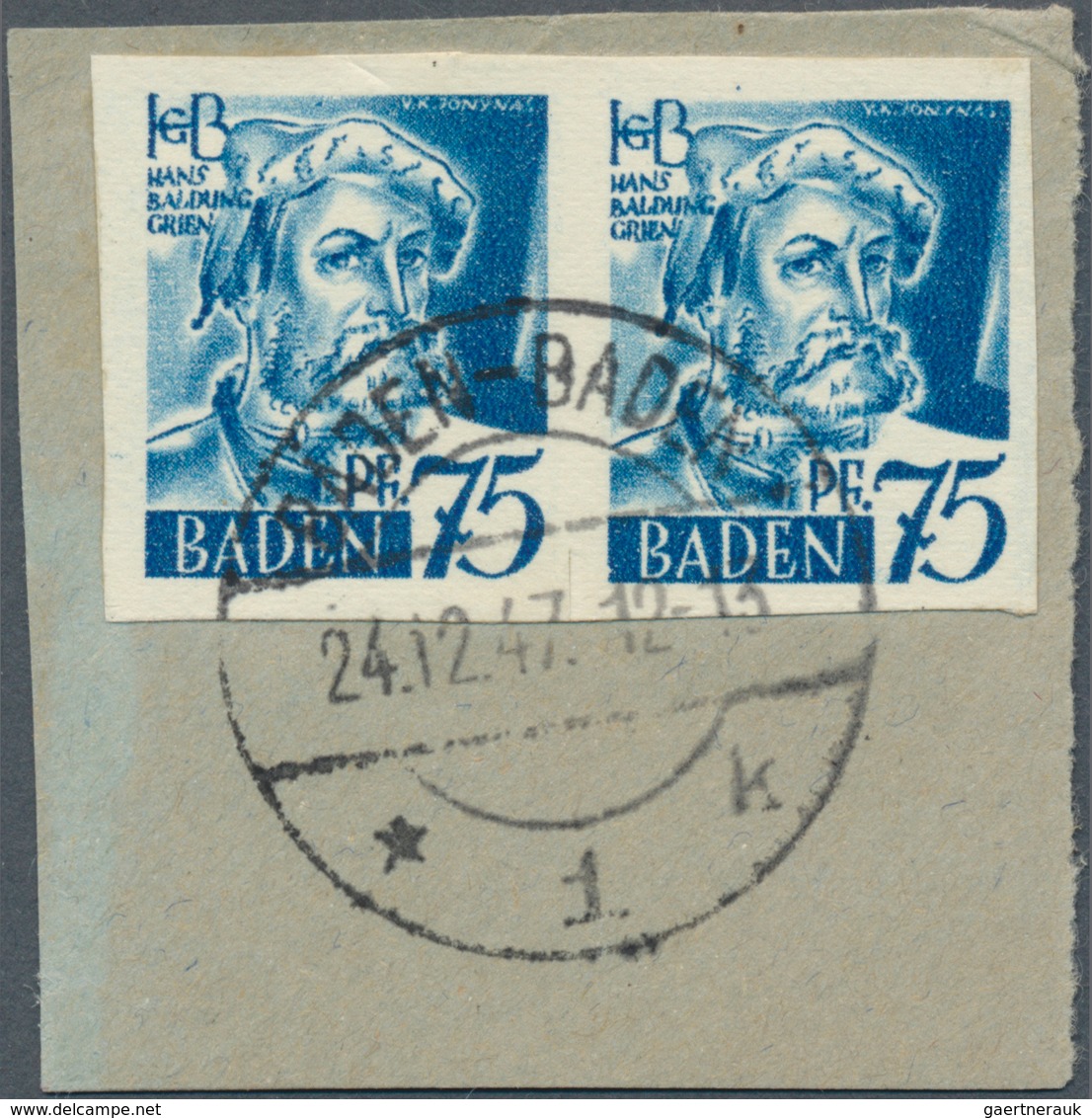 20654 Französische Zone - Baden: 1947. Baldung 75 Pf In Einem UNGEZÄHNTEN Waagrechten Paar Auf Briefstück - Other & Unclassified