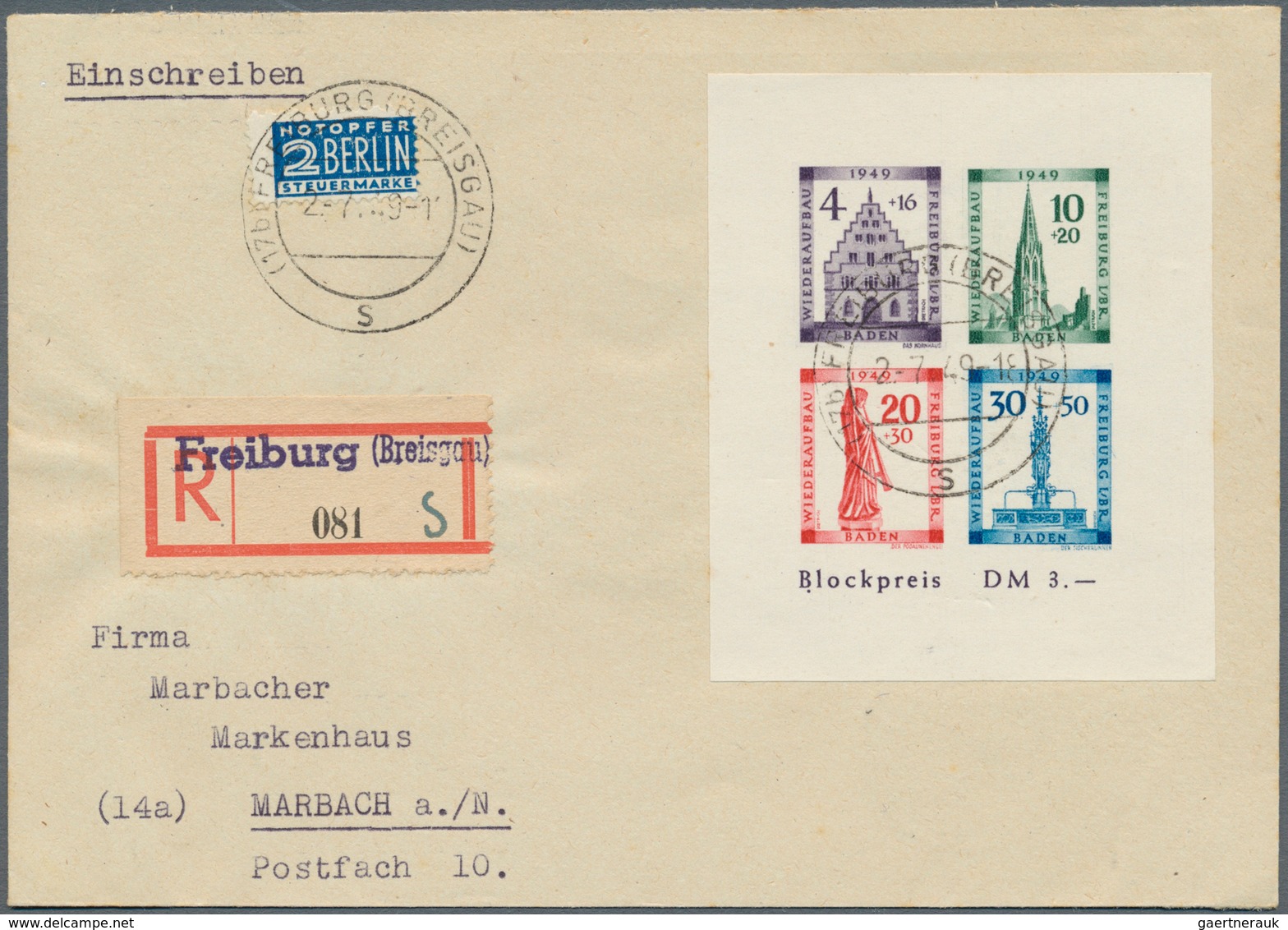 20658 Französische Zone - Baden: 1949, Freiburg Blockpaar Auf 2 Gelaufenen R-Briefen Von ''FREIBURG (BREISG - Other & Unclassified