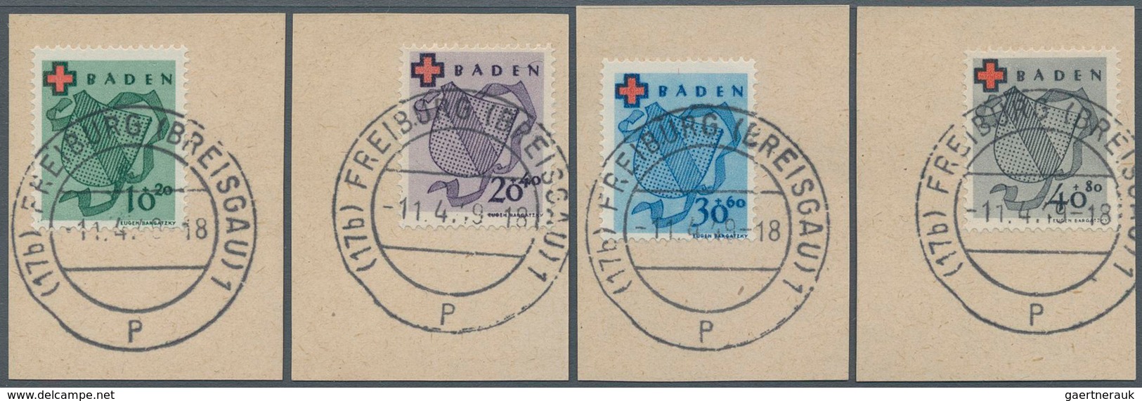 20661 Französische Zone - Baden: 1949, Rotes Kreuz 10 Pf Bis 40 Pf. Gezähnt Auf Luxus-Briefstücken Einheit - Other & Unclassified