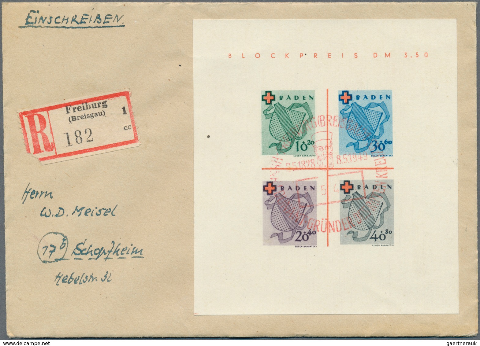 20664 Französische Zone - Baden: 1949, Rotes Kreuz-Block In Type I Auf Echt Gelaufenem Einschreibe-Brief M - Other & Unclassified