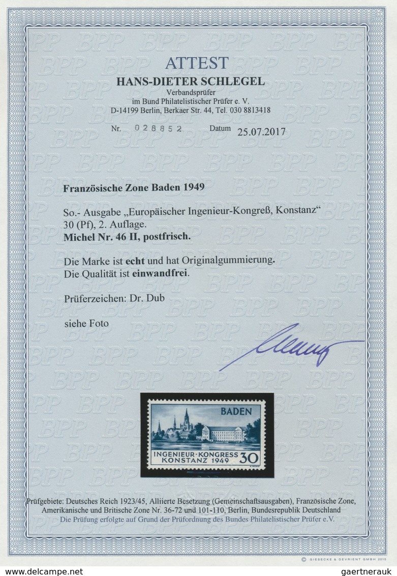 20665 Französische Zone - Baden: 1949, 30 Pf. Ingenieurs-Kongress Zweite Auflage: Dünne Zickzackförmige Um - Other & Unclassified