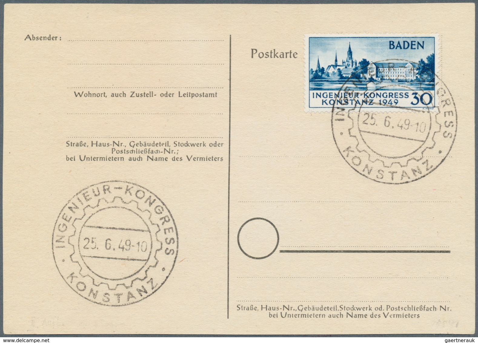 20666 Französische Zone - Baden: 1949, Postkarte Mit Perfekt Zentriertem Luxusstück 30 Pfg. Mit SST "INGEN - Other & Unclassified