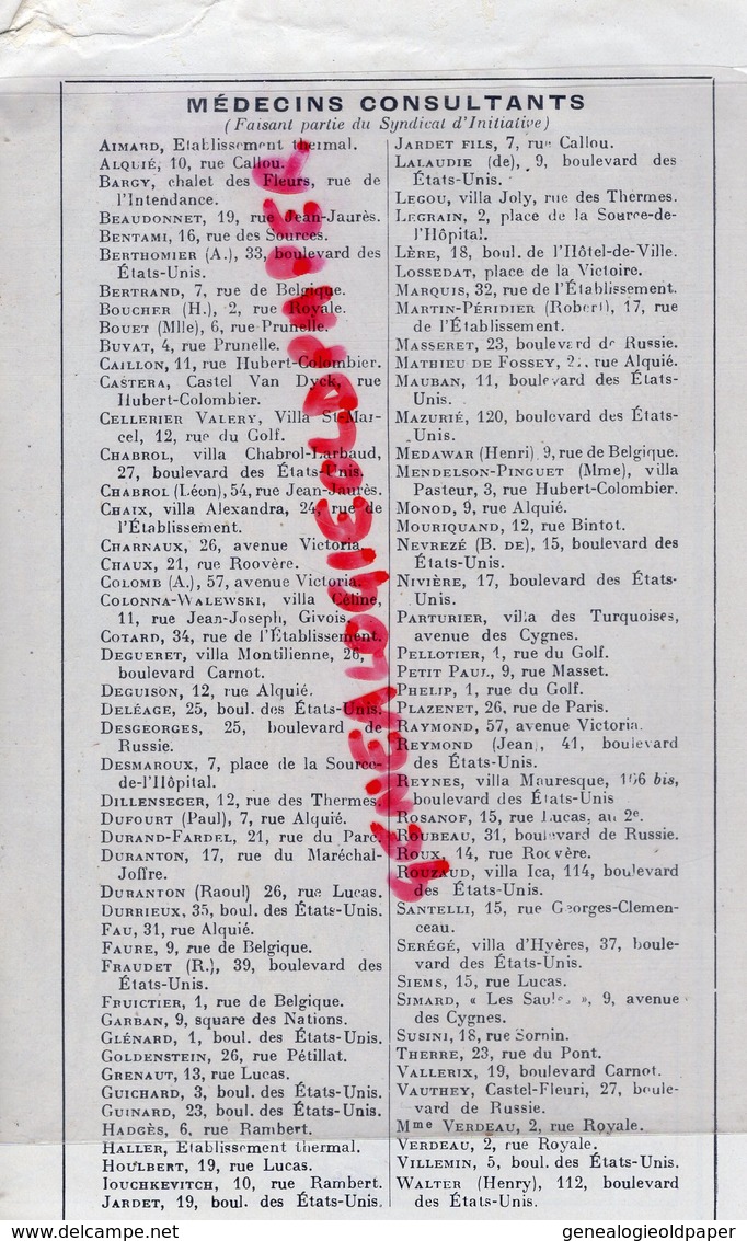 03- VICHY- RARE DEPLIANT TOURISTIQUE SYNDICAT INITIATIVE-EDITIONS MAYEUX  PARIS-SOURCE CELESTINS-SEVIGNE-LISTE MEDECIN - Dépliants Touristiques