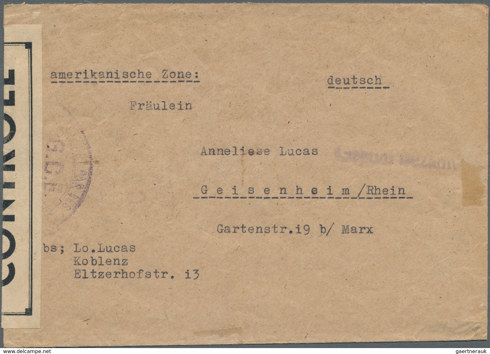 20680 Französische Zone - Besonderheiten: 1946 (ca.), Bedarfsbrief Aus Koblenz Ohne Poststempel Mit L1 "Ge - Other & Unclassified