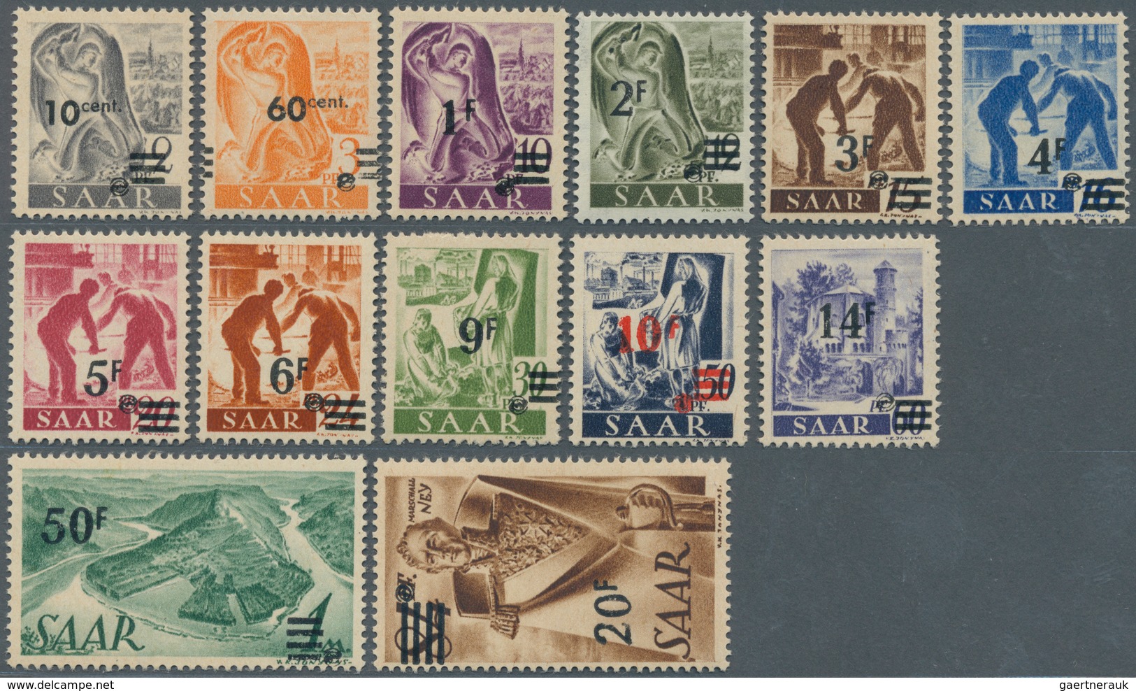 20687 Saarland (1947/56): 1947, Urdruck, Kompletter Satz Von 13 Werten, Postfrisch, Teils Minime Fingerspu - Unused Stamps