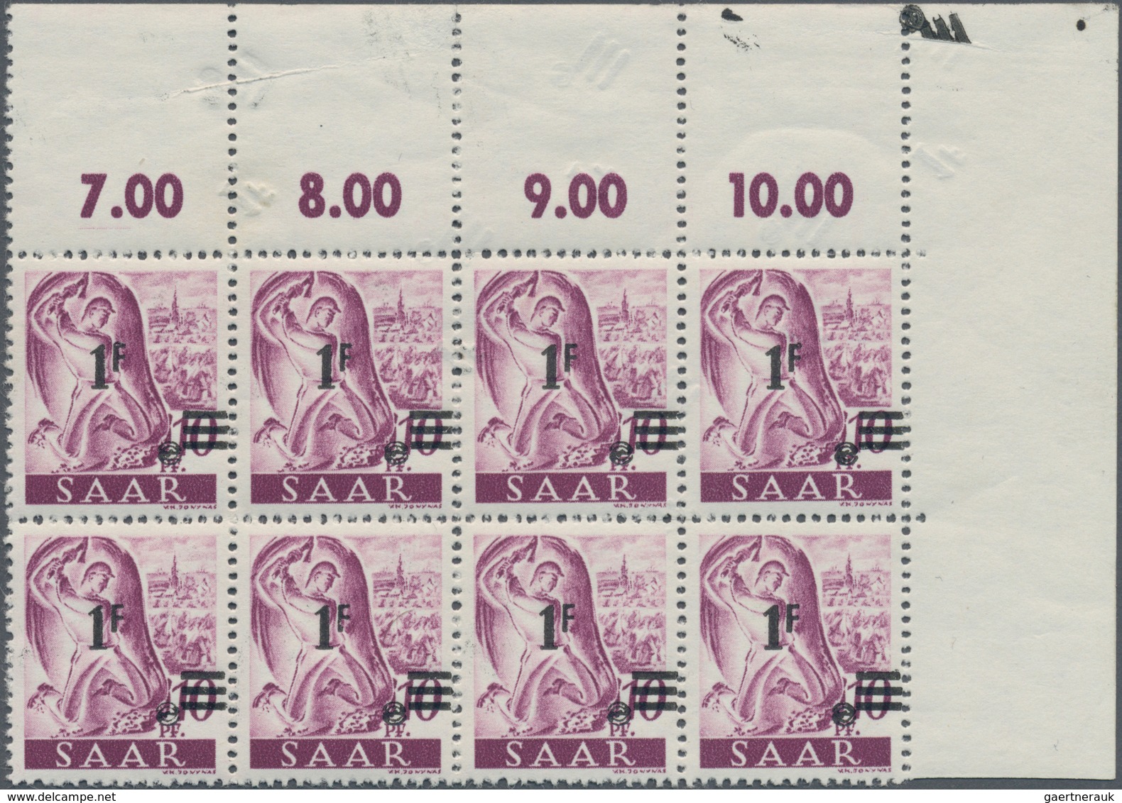 20691 Saarland (1947/56): 1947, 1 Fr. Auf 10 Pf. Als Postfrischer 8-er Block Vom Oberen Rechten Bogenrand, - Unused Stamps