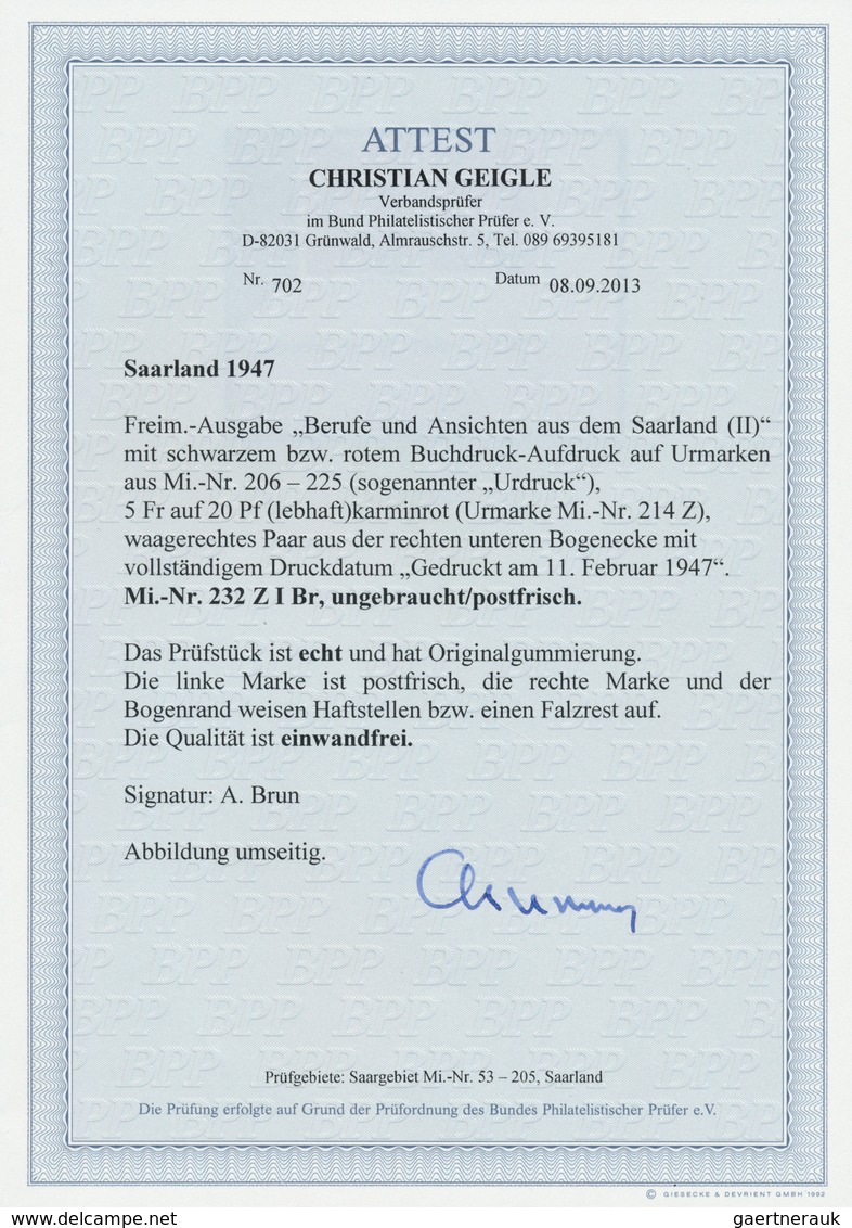 20696 Saarland (1947/56): 1947, 5 F. Auf 20 Pfg. Urdruck, Postfrisches Zentrisches Luxusstück, Signum A. B - Unused Stamps