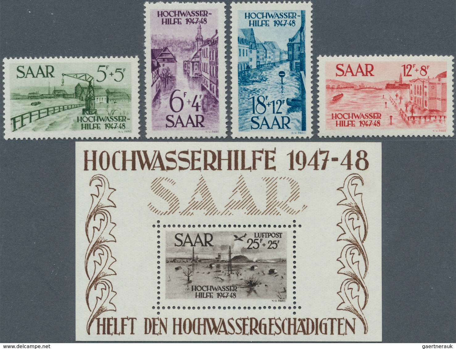 20709 Saarland (1947/56): 1948, Hochwasser-Blockpaar Und Dazu 4 Einzelwerte Postfrisch, Bl 1 Minimaler Ran - Unused Stamps