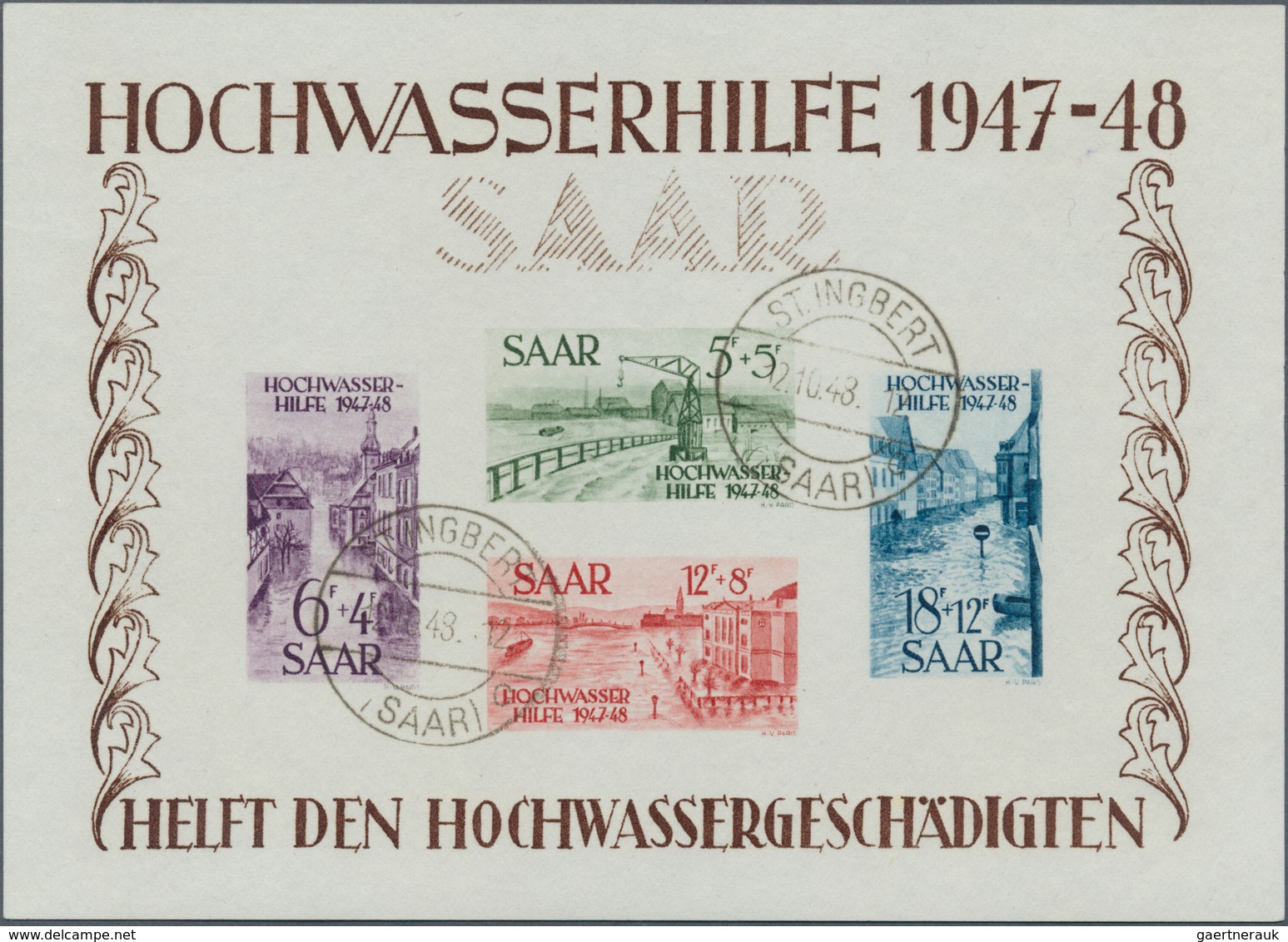 20713 Saarland (1947/56): 1948, Hochwasserblock, Luxus-Exemplar Mit Zwei Idealen Ersttagsstempeln "ST.INGB - Unused Stamps