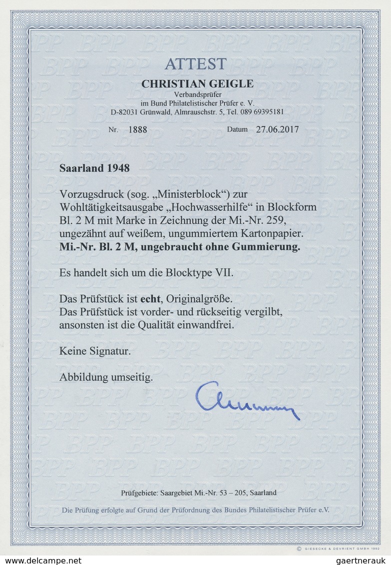 20716 Saarland (1947/56): 1948, Hochwasser-Flugpostblock Als Ministerblock Auf Kartonpapier Ohne Gummierun - Unused Stamps