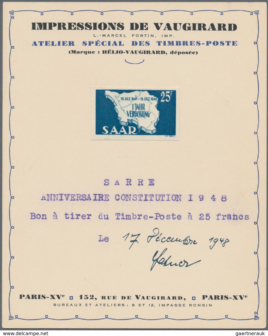 20717 Saarland (1947/56): 1948. Set Von 2 Probedrucken Für Die Kpl. Ausgabe "1 Jahr Verfassung" (2 Werte). - Unused Stamps