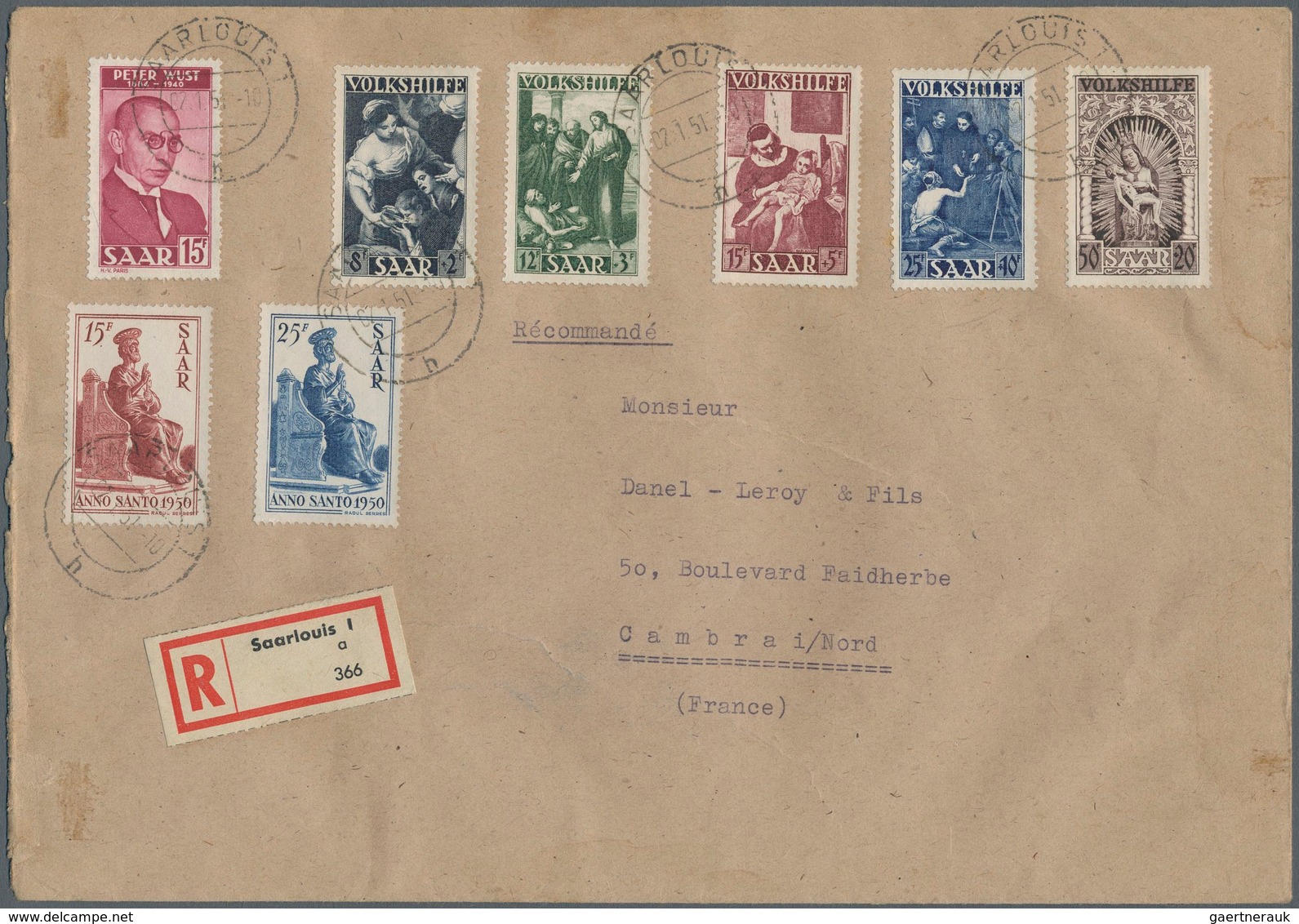 20722 Saarland (1947/56): 1949, Volkshilfe Kompletter Satz Mit Beifrankatur Auf R-Brief Von "SAARLOUIS 2.1 - Unused Stamps