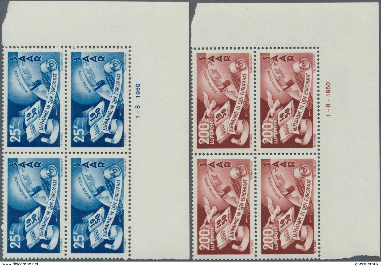 20726 Saarland (1947/56): 1950, 25 Fr. - 200 Fr. Europarat Im Taufrischen, Ungefalteten Eck-Viererblock R. - Unused Stamps