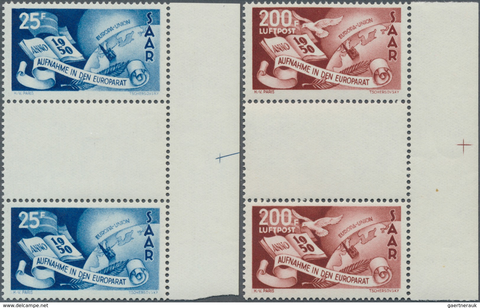 20727 Saarland (1947/56): 1950, 25 Fr. Und 200 Fr. Europarat, Komplette Postfrische Garnitur Der Zwischens - Unused Stamps