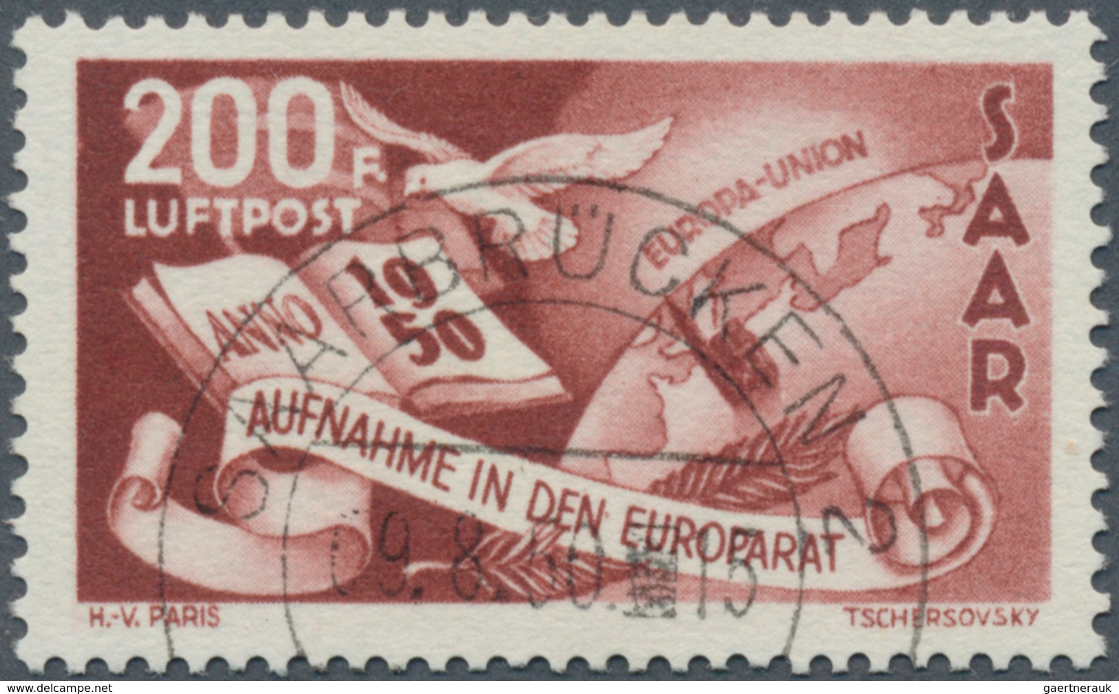 20732 Saarland (1947/56): 1950, 200 Fr. Europarat Mit Plattenfehler "Punkt Nach F", Tadellos Gestempelt "S - Unused Stamps