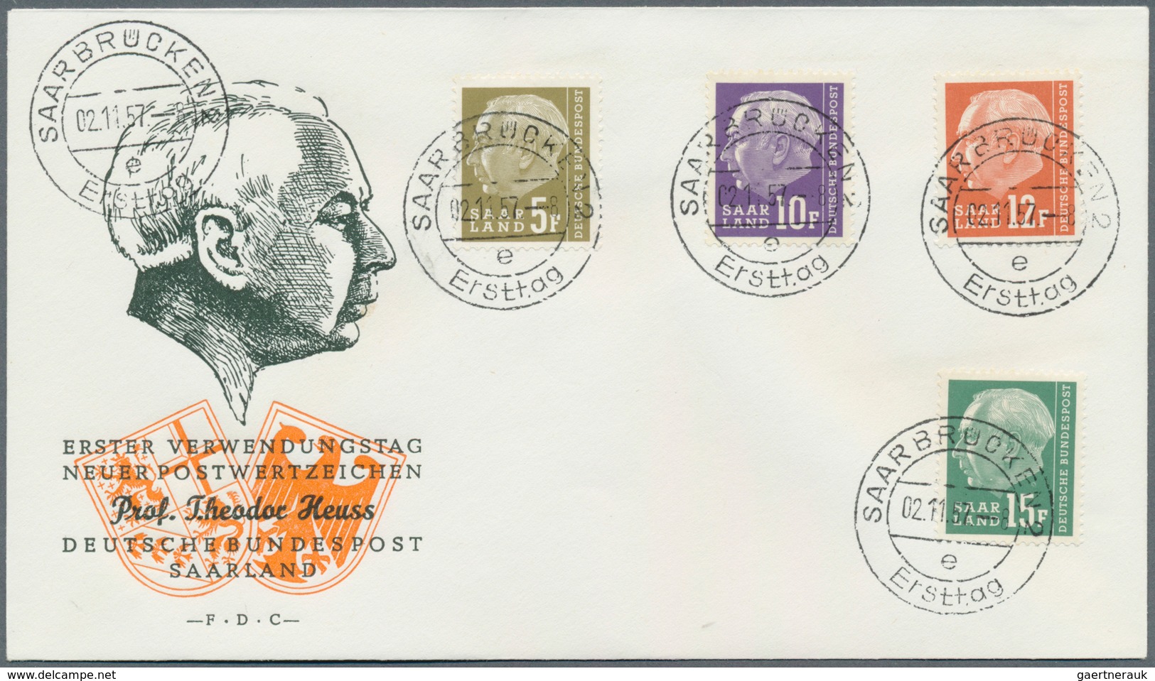 20735 Saarland (1957/59) - OPD Saarbrücken: 1957, "Heuss II" Kompletter Satz Auf 3 FDC. Michel 425,- ? - Used Stamps