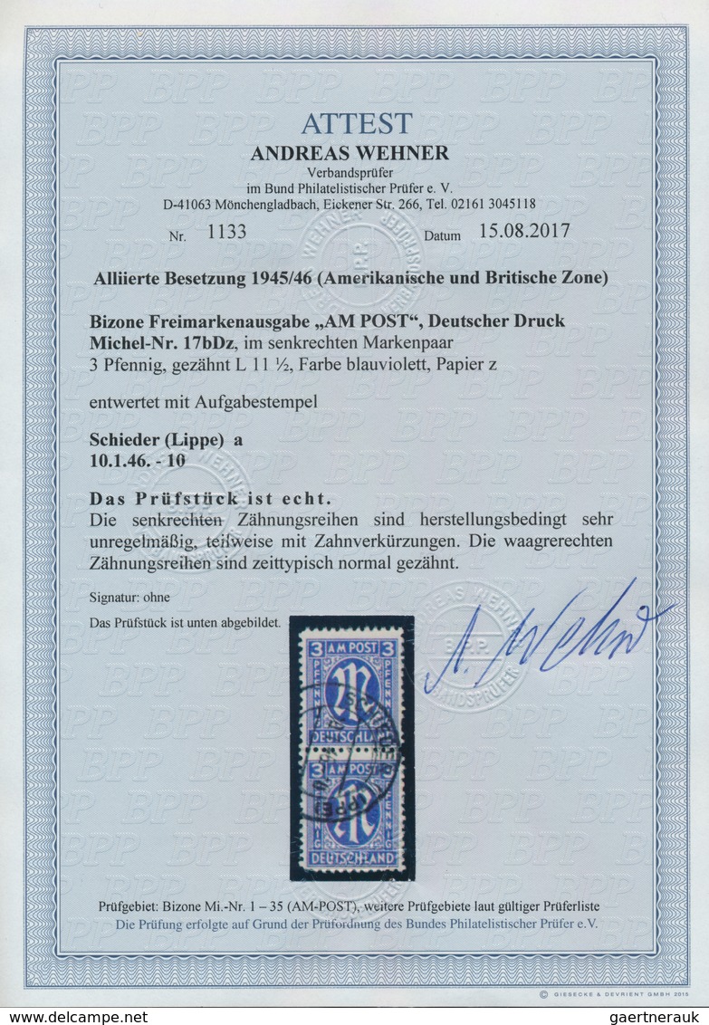 20740 Bizone: 1945/1946, 3 Pfg. AM-Post Blauviolett Mit Zähnung L 11 1/2 Im Senkrechten Paar Mit Stempel S - Andere & Zonder Classificatie