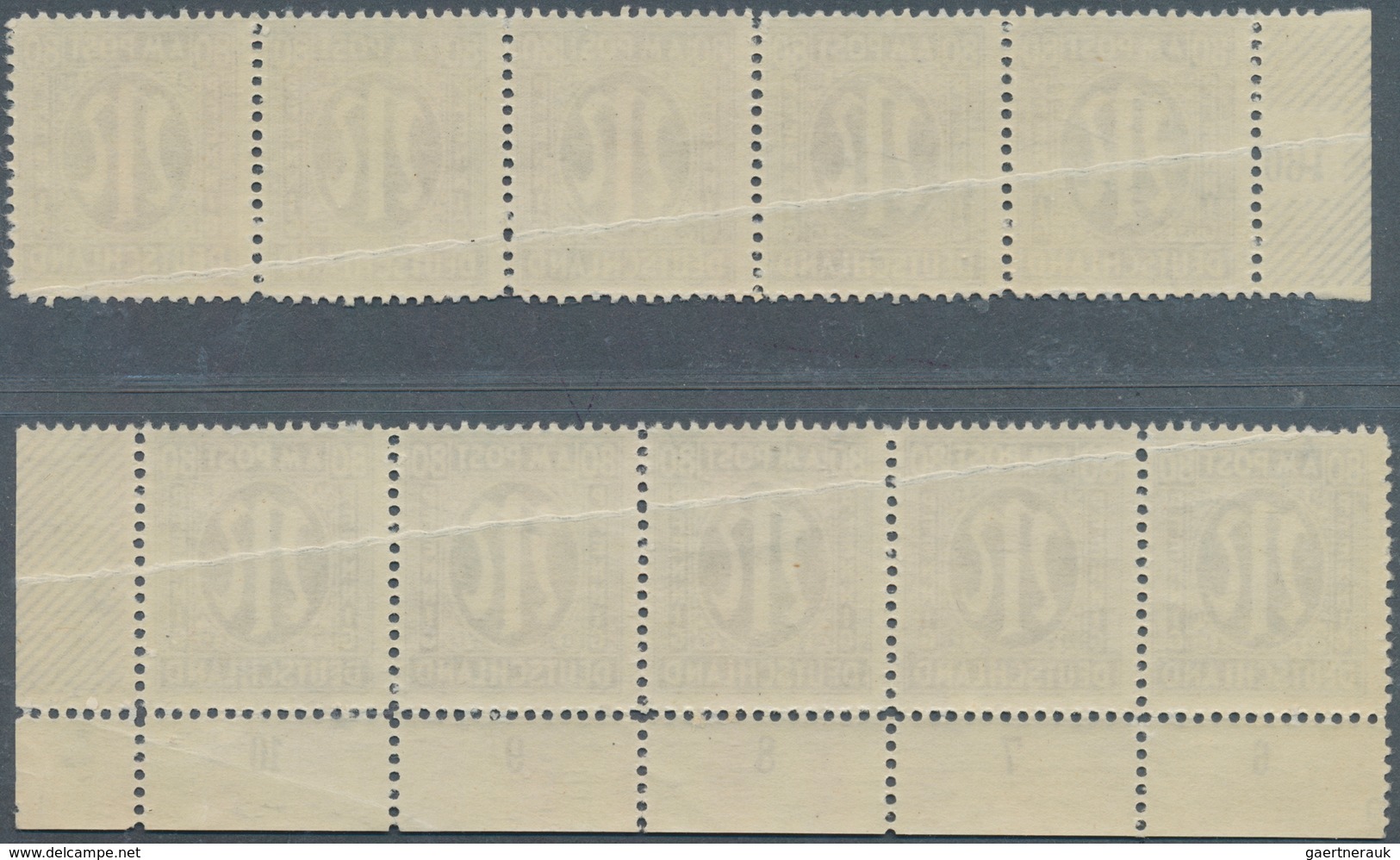 20752 Bizone: 1945: 80 Pfg, Zwei Fünferstreifen, Einer Vom Bogenunterrand, Beide Mit Dekorativen Quetschfa - Sonstige & Ohne Zuordnung