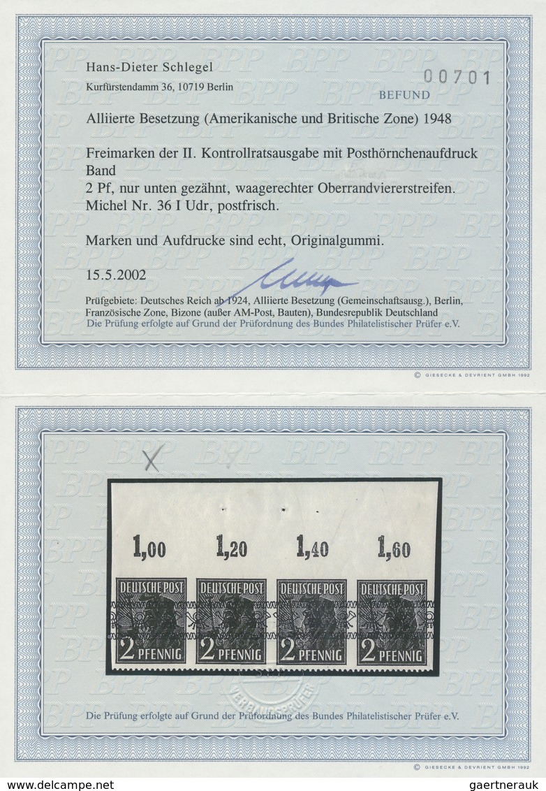 20754 Bizone: 1948, Bandaufdruck 2 Pfg. Platten-Oberrandstück Dreiseitig UNGEZÄHNT Nur Unten Gezähnt, Einw - Other & Unclassified