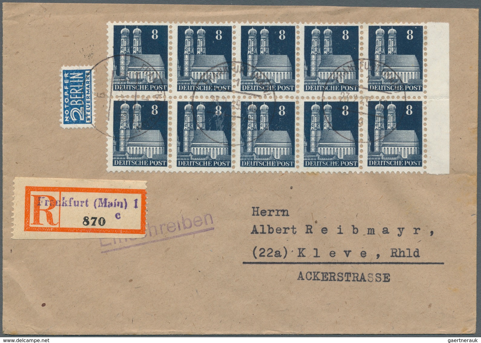 20780 Bizone: 1948, 8 Pf Schwarzblau, 10er-Block Als Massen-MeF Portogerecht Auf Einschreibebrief Der 2.Ge - Autres & Non Classés