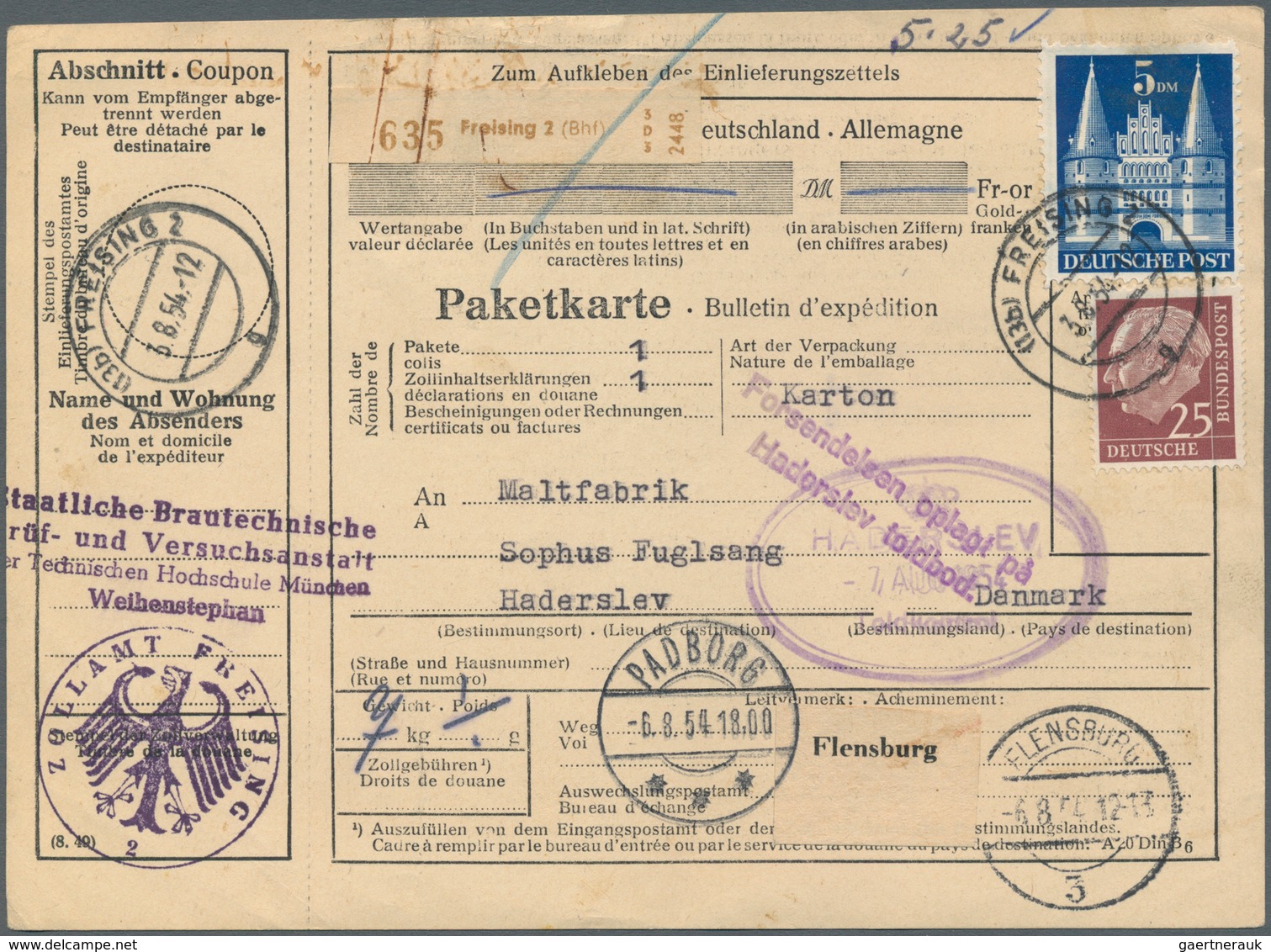 20785 Bizone: 1949, 5 DM Bauten Und BRD 25 Pf Lilabraun Heuss, MiF Auf Paketkarte Von FREISING, 3.8.54, Mi - Other & Unclassified