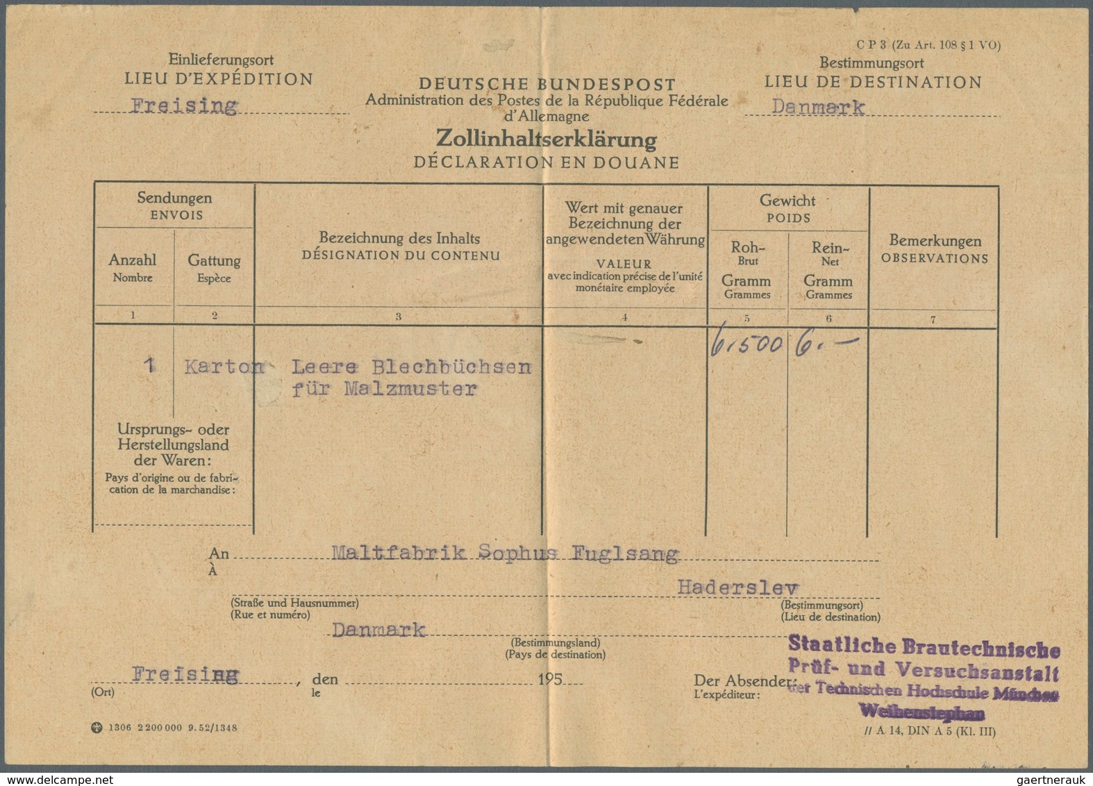 20785 Bizone: 1949, 5 DM Bauten Und BRD 25 Pf Lilabraun Heuss, MiF Auf Paketkarte Von FREISING, 3.8.54, Mi - Other & Unclassified