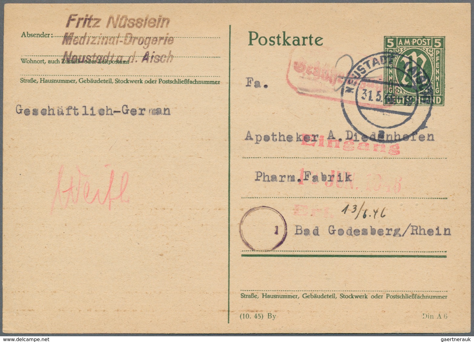 20796 Bizone - Ganzsachen: 1946, 5 Pf Schwarzolivgrün AM-Post Ganzsachenkarte In Teil-Bar-Verwendung Mit N - Autres & Non Classés