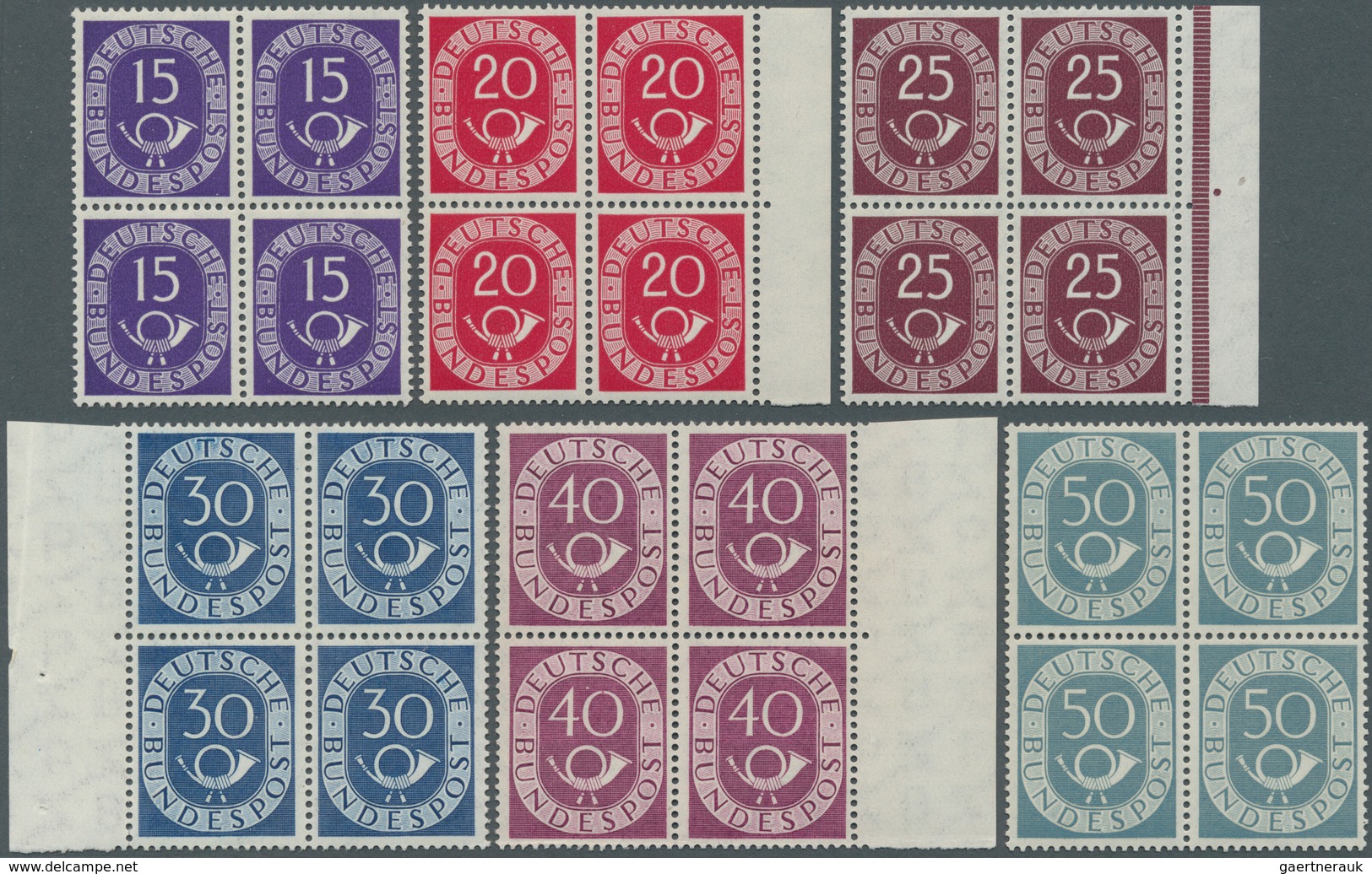 20814 Bundesrepublik Deutschland: 1951, Posthorn, 2 Pfg. Bis 90 Pfg., Kompletter VIERERBLOCK-SATZ In Norma - Other & Unclassified