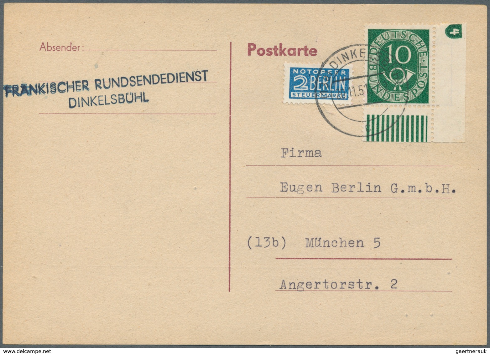 20822 Bundesrepublik Deutschland: 1951, 10 Pf Posthorn, Re. Unteres Eckrandstück Mit Druckerzeichen "4", P - Other & Unclassified