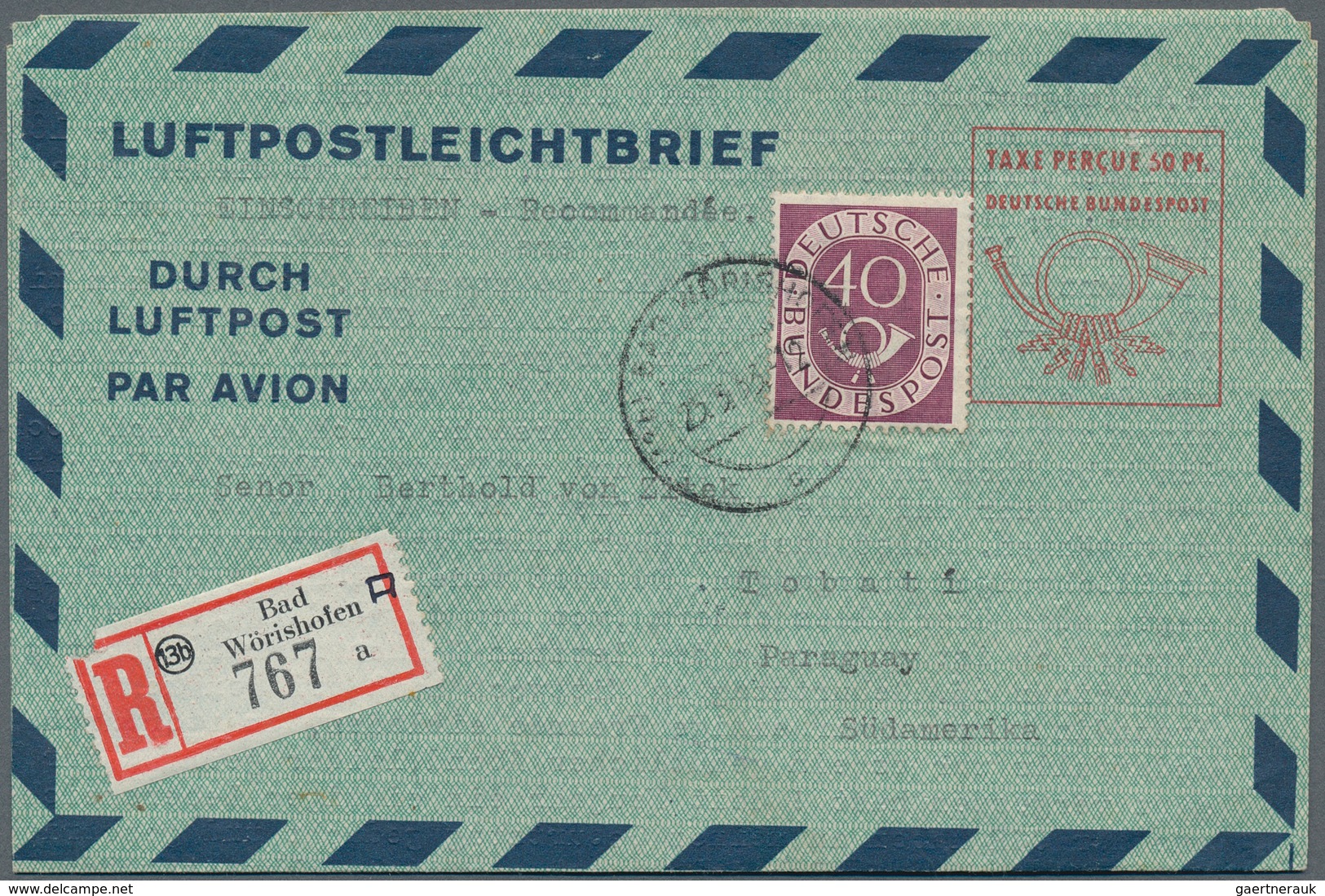 20828 Bundesrepublik Deutschland: 1951, 40 Pfg. Posthorn Als Portogerechte Zufrankatur Auf 50 Pfg. Luftpos - Other & Unclassified