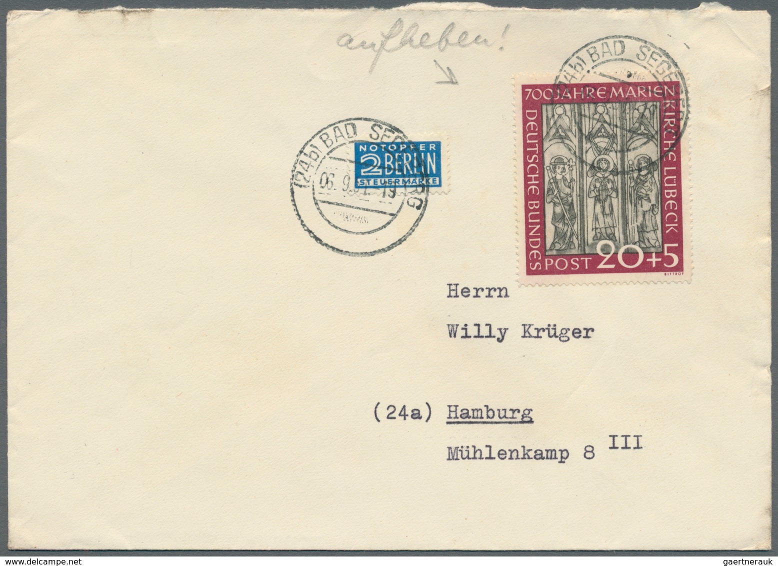 20836 Bundesrepublik Deutschland: 1951, 10+5 Pf Marienkirche, Zwei Stück Vom Oberrand Auf Brief (Brandflec - Other & Unclassified