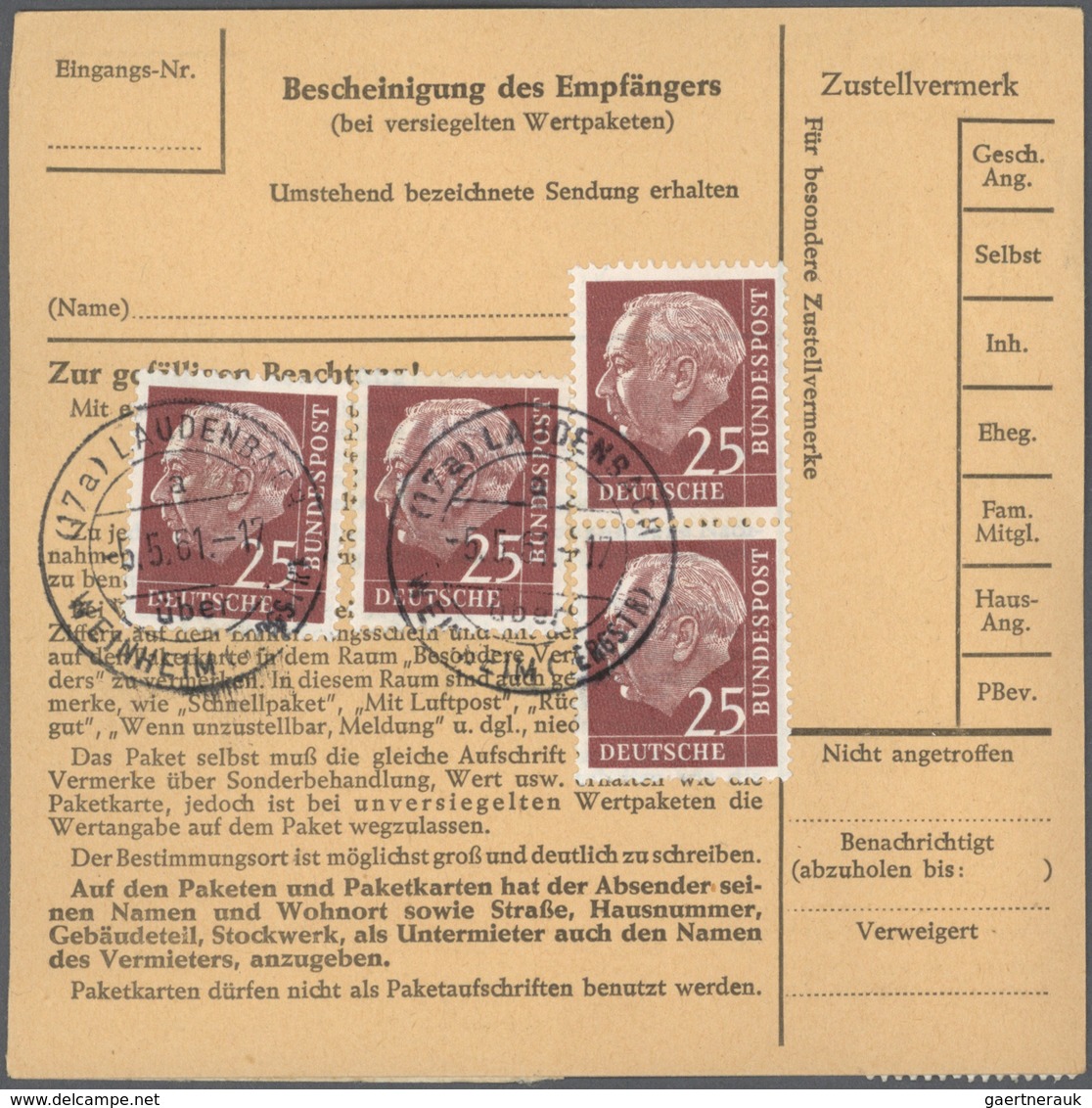 20849 Bundesrepublik Deutschland: 1961, fünf Paketkartenstammteile jeweils mit reiner Mehrfachfrankatur da