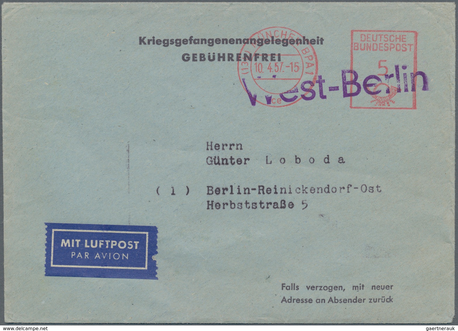 20856 Bundesrepublik Deutschland: 1957, Kriegsgefangenenangelegenheit "gebührenfrei": Vordruckumschlag Des - Other & Unclassified