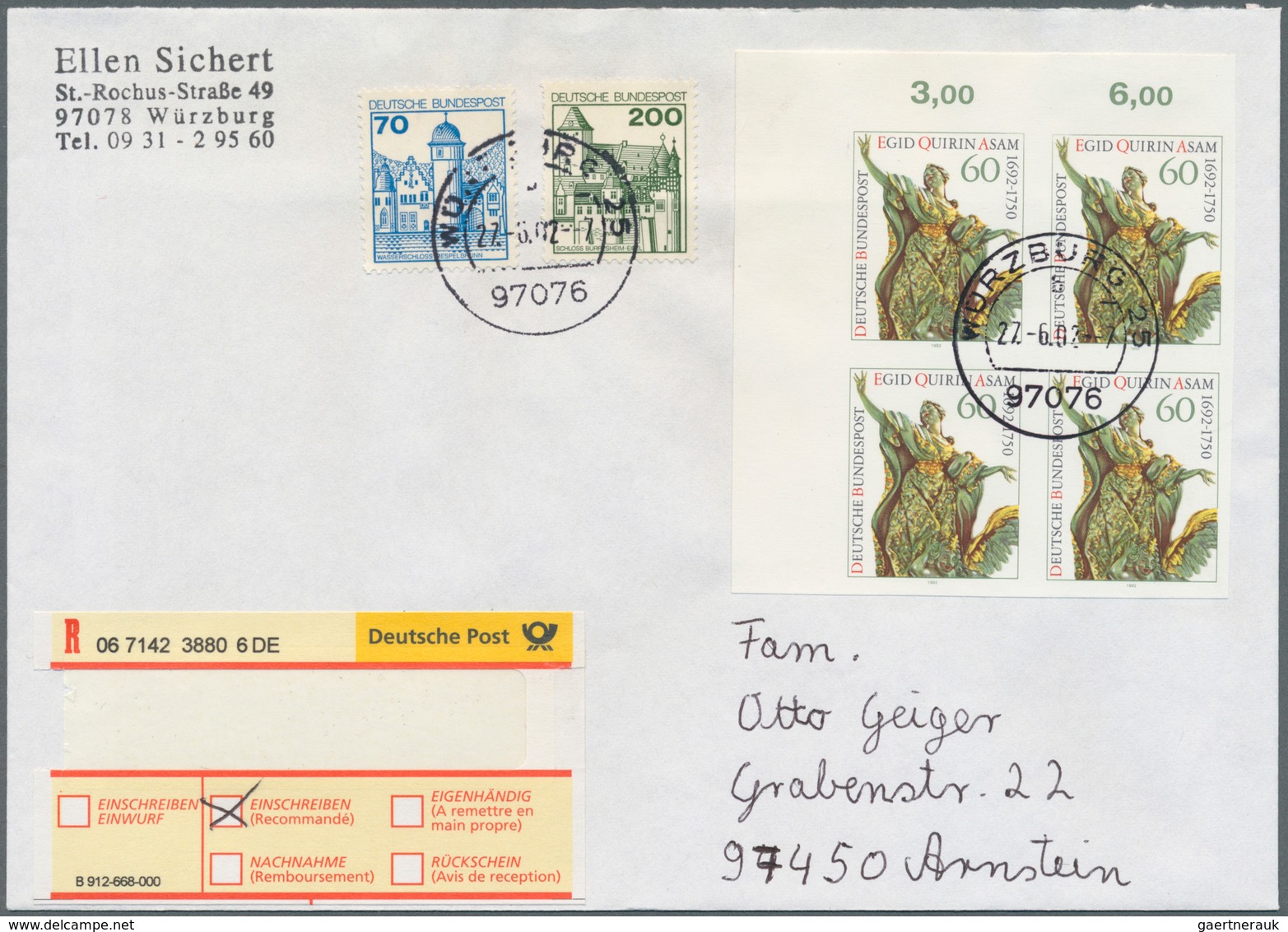 20907 Bundesrepublik Deutschland: 1992, Asam Ungezähnt Im Eckrand-Viererblock Auf Portogerechtem R-Brief A - Other & Unclassified