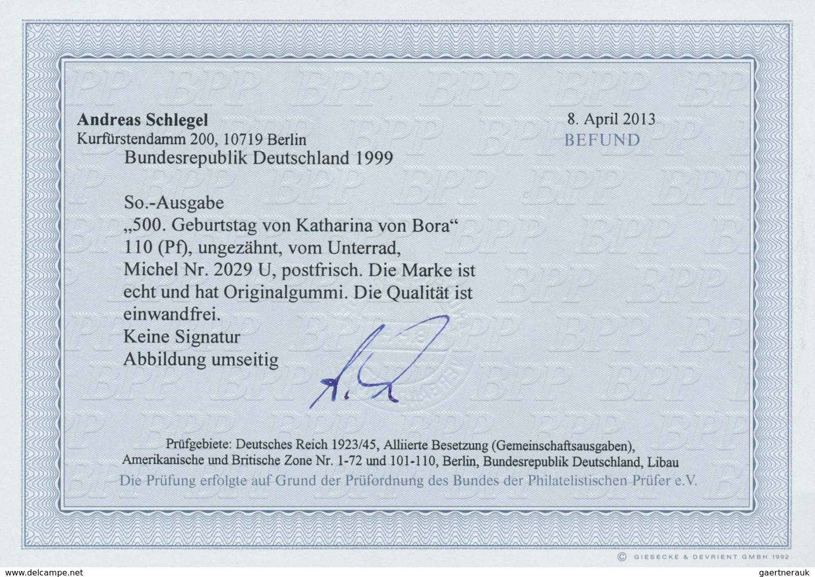 20917 Bundesrepublik Deutschland: 1999, Katharina Von Bora 110Pf, UNGEZÄHNT, Postfrisches Unterrandstück, - Other & Unclassified