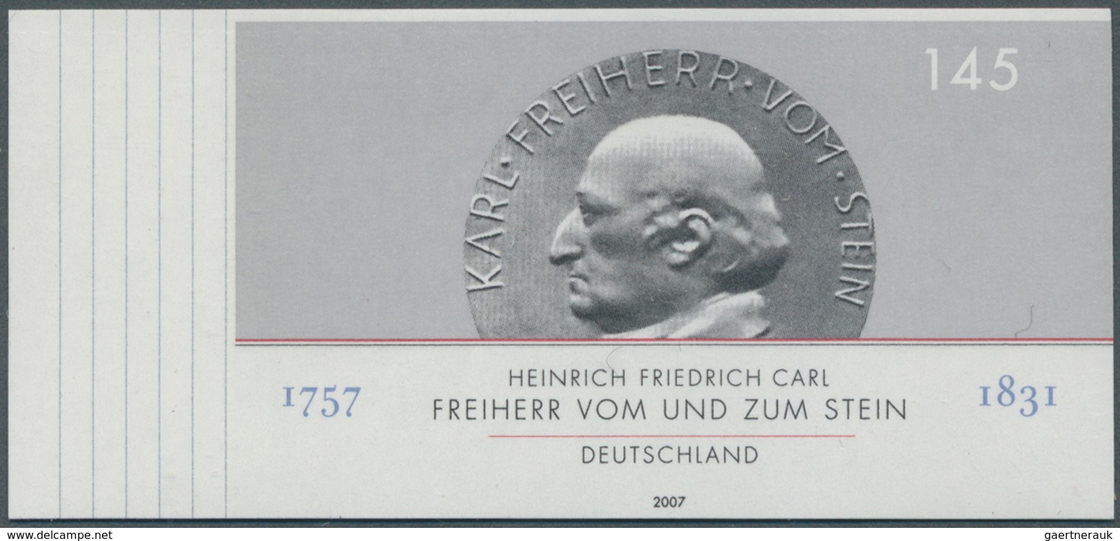 20921 Bundesrepublik Deutschland: 2007, 145 C. Freiherr Vom Und Zum Stein, Ungezähntes Randstück, Postfris - Other & Unclassified