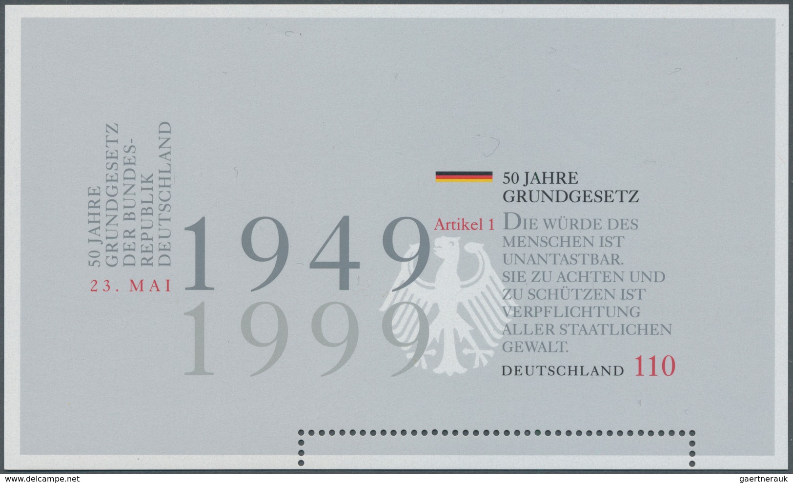 20923 Bundesrepublik Deutschland: 1999, Blockausgabe "50 Jahre Grundgesetz" Mit KOMPLETT UNGEZÄHNTE BLOCKM - Other & Unclassified