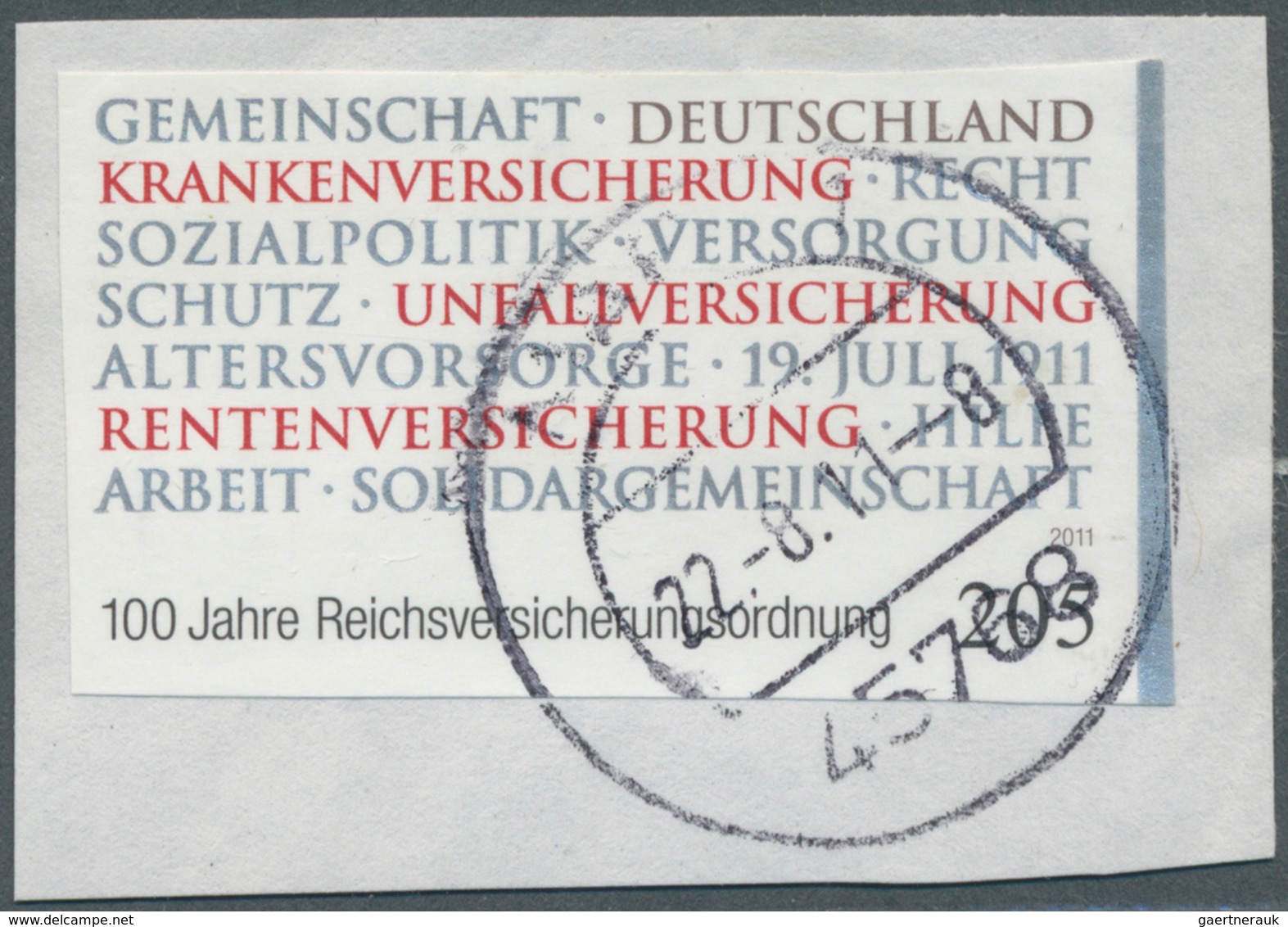 20926 Bundesrepublik Deutschland: 2011, 205 C. Reichsversicherungsordnung Ungezähnt Auf Briefstück Auber G - Other & Unclassified