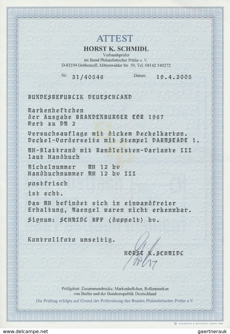 20931 Bundesrepublik - Markenheftchen: 1967, Brandenburger Tor, Reklame ''Postfach'', Versuchsauflage Mit Di - Other & Unclassified
