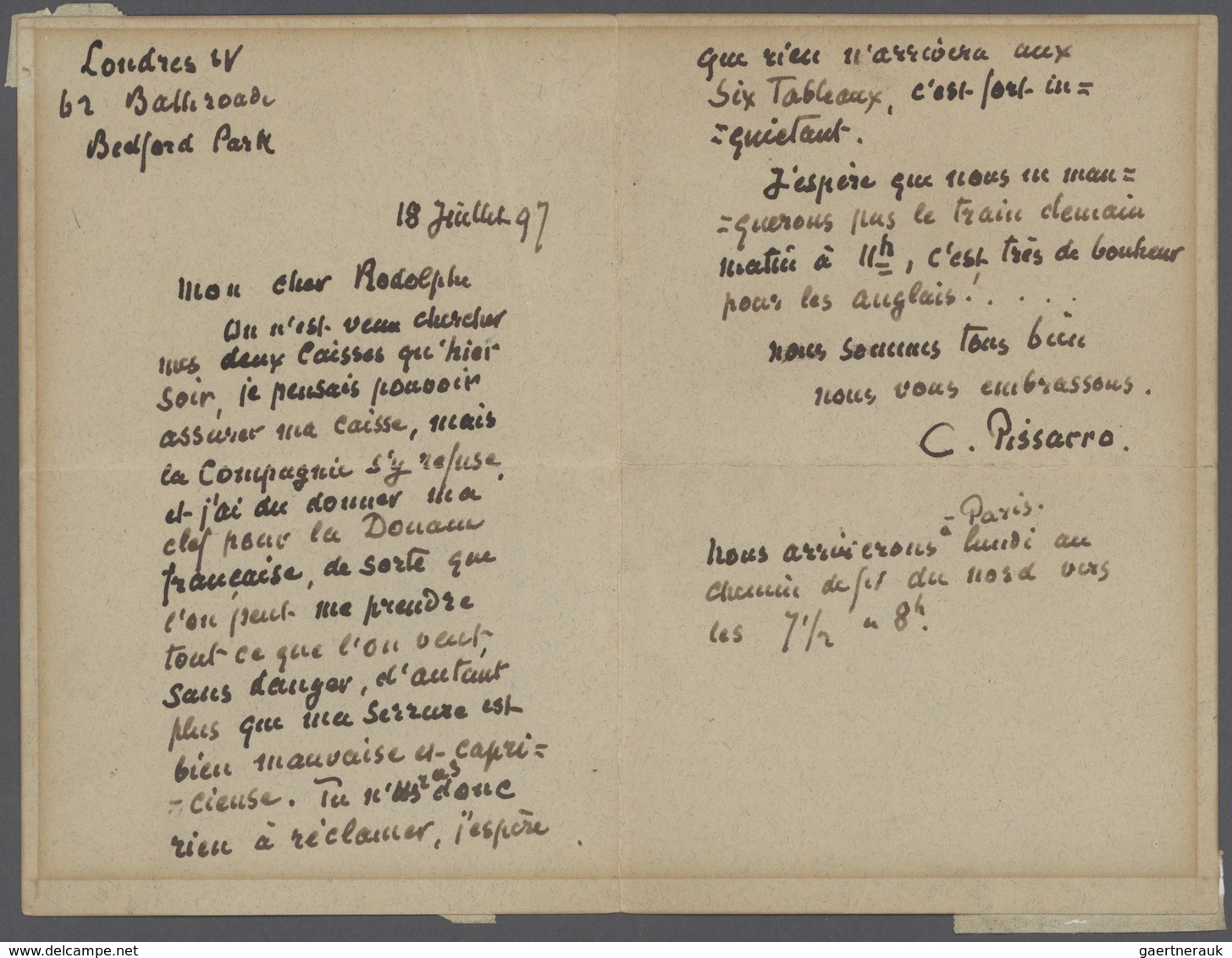 20957 Autographen: PISSARRO, CAMILLE (1830/1903, Painter). Autograph Letter Signed, From London, To His So - Other & Unclassified