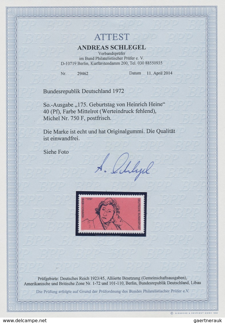 20963 Bundesrepublik Deutschland: 1972, Heine 40 (Pf.) Mit Abart "Farbe MITTELROT (Wertziffern) FEHLEND", - Other & Unclassified